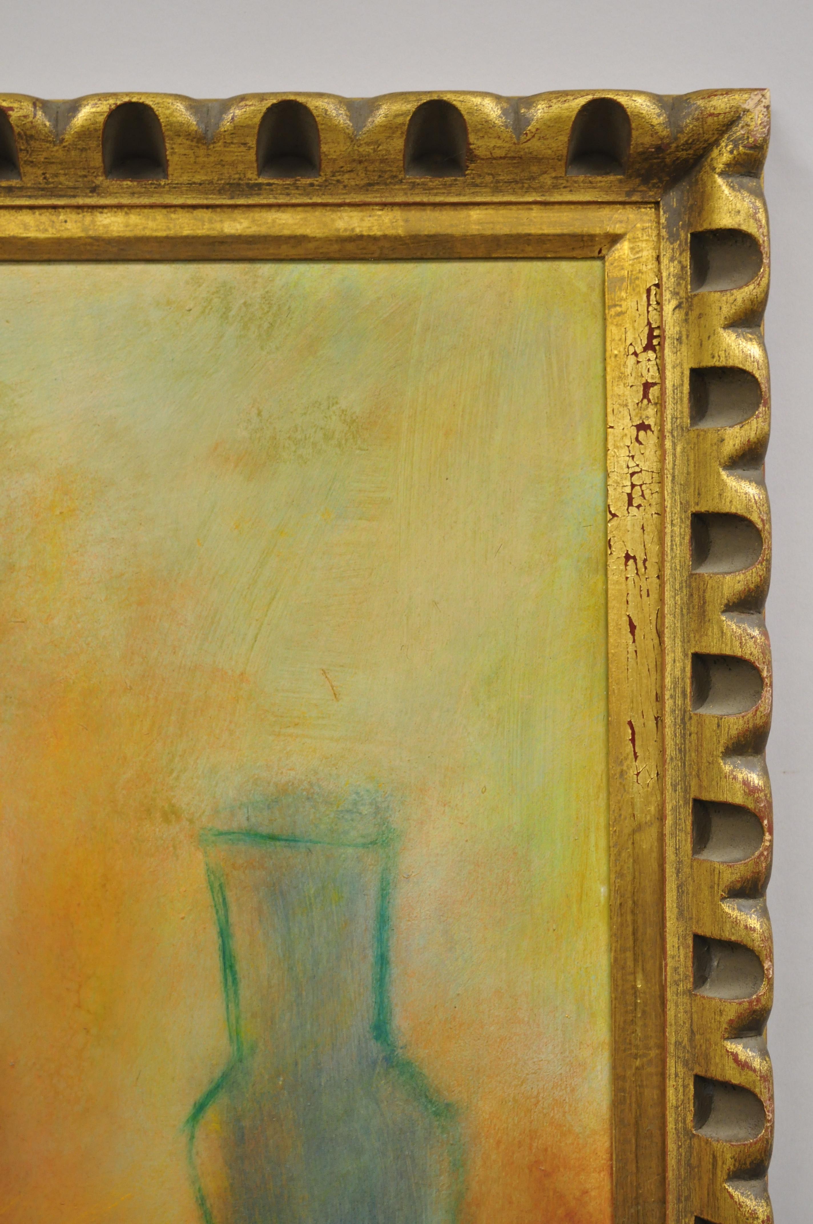 20th Century Steve Bagnell Seated Woman in Yellow Headband Orange Dress 1960 Oil on Masonite