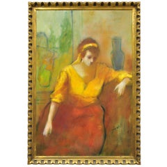 Steve Bagnell Seated Woman in Yellow Headband Orange Dress 1960 Oil on Masonite