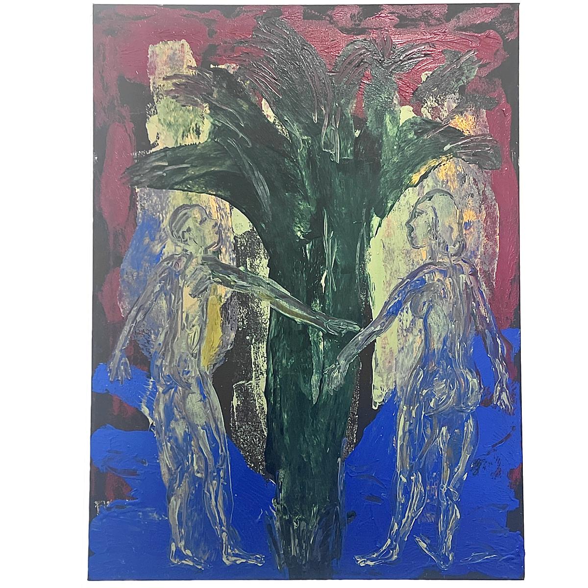 Peinture à grande échelle de Steve Balkin intitulée "Entre Nous". Balkin est connu pour être le créateur de l'"impression lyrique", qui est clairement exposée et définie dans cet exemple. Il est également connu pour ses relations avec Andy Warhol et