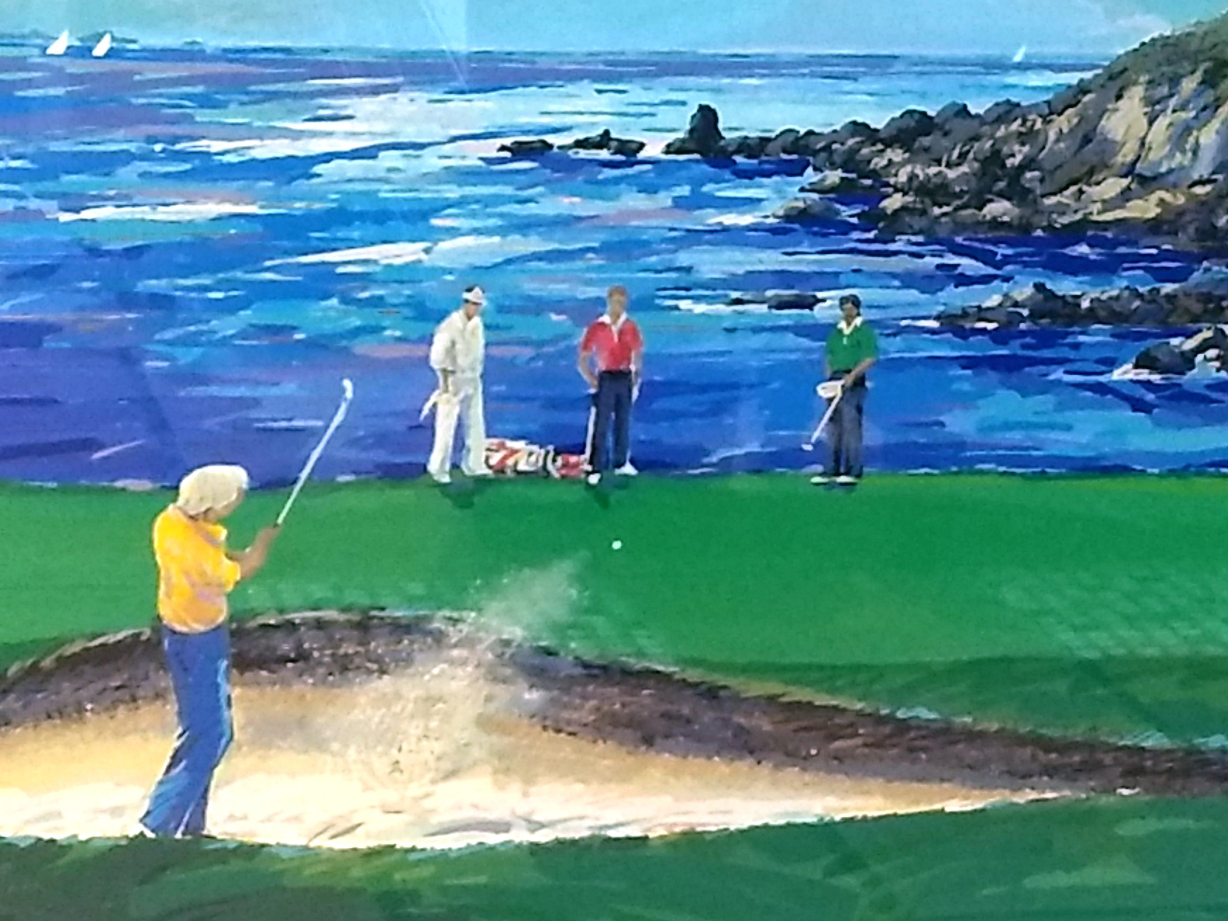Postmodern American framed serigraph on paper, titled '18th At Pebble Beach', depicting a game of golf, by Steve Bloom. The piece dates from the 1990s, is signed in pencil, marked with title and edition number (36 out of 325) and is in great vintage
