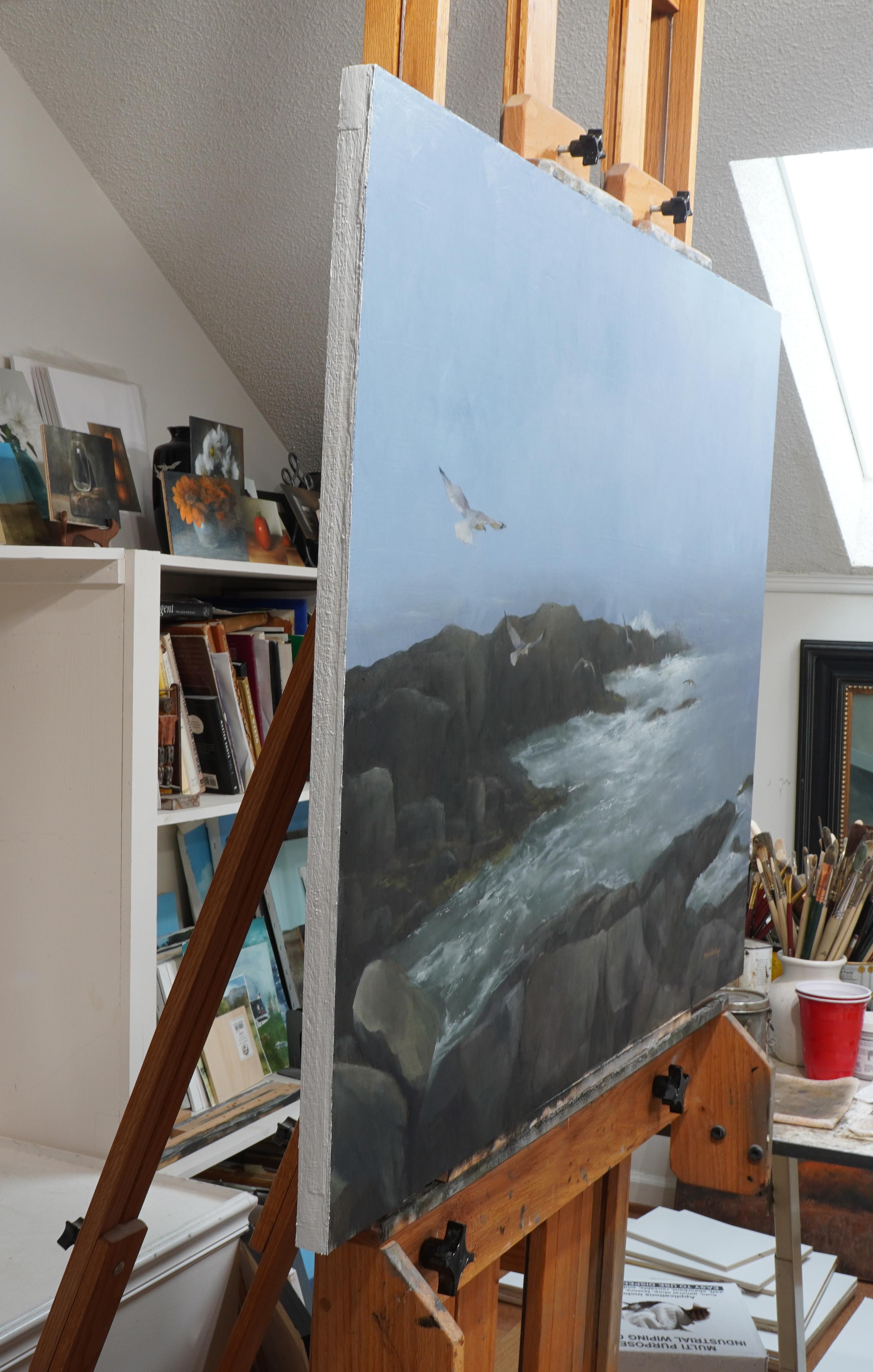 Monhegan Morning - Fog and Seagulls, peinture à l'huile - Réalisme Art par Steve Boggs