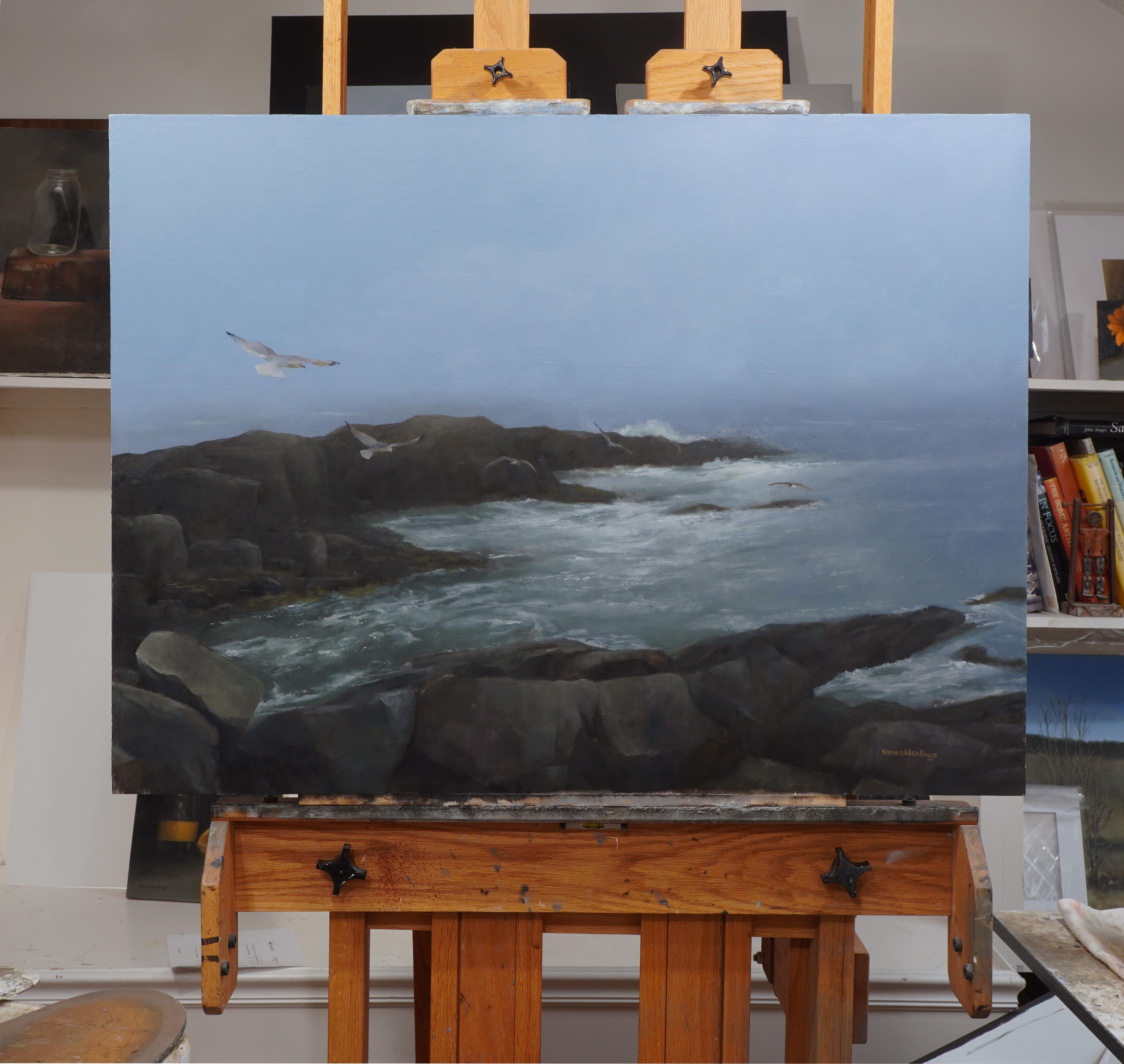 <p>Commentaires de l'artiste<br>La brume s'attarde sur l'océan lointain, adoucissant l'horizon et capturant la beauté mystique de l'île de Monhegan au petit matin. Les vagues et les courants se faufilent dans la crique rocheuse, révélant la