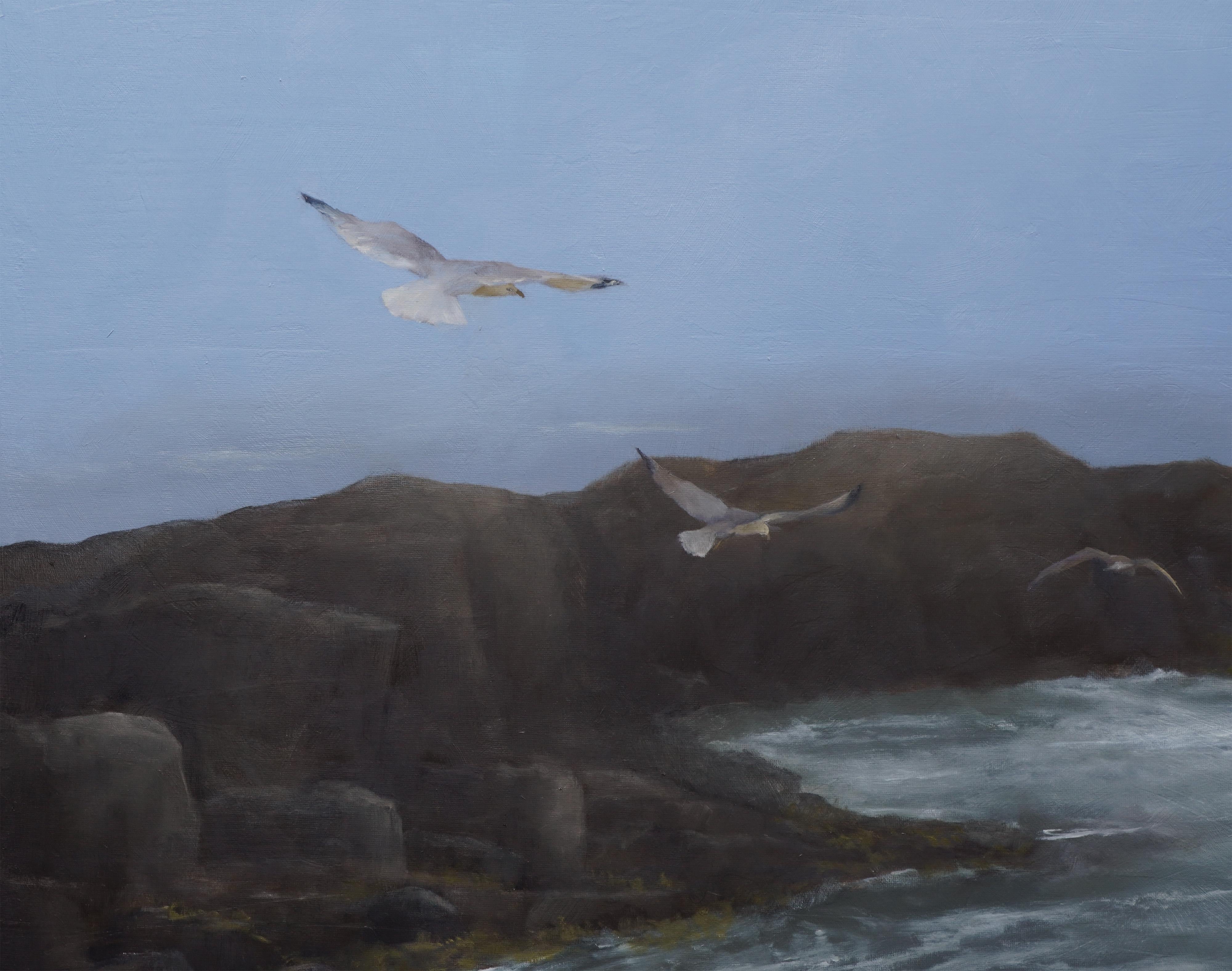 Monhegan Morning - Fog and Seagulls, peinture à l'huile en vente 1