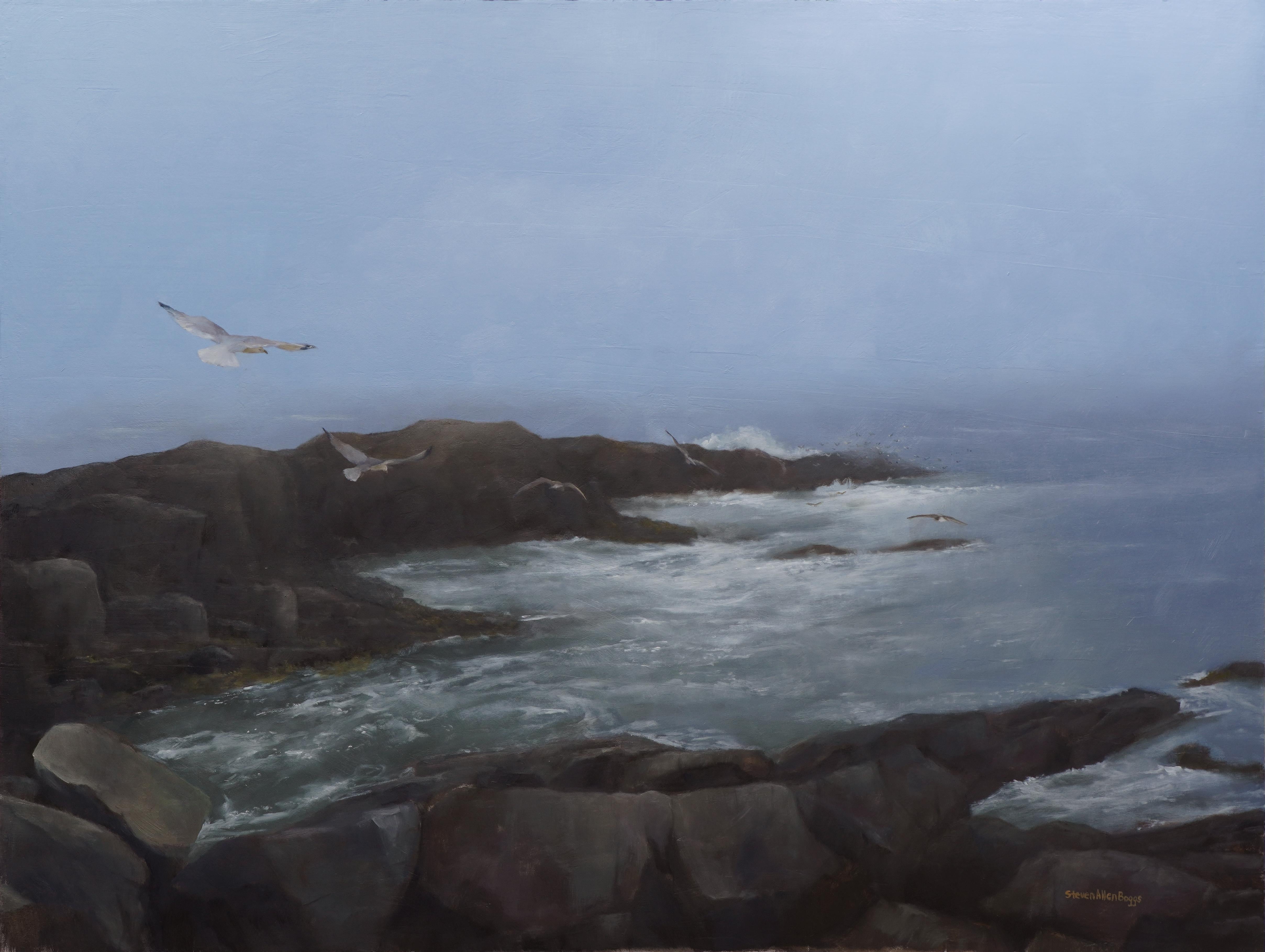 Mañana en Monhegan - Niebla y gaviotas, Pintura al óleo