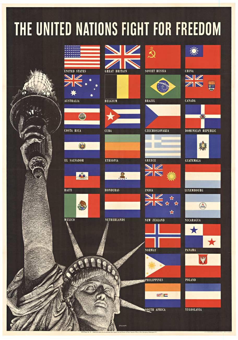 Steve Broder Portrait Print - Original "The United Nations Fight For Freedom" vintage poster   1942  WWII
