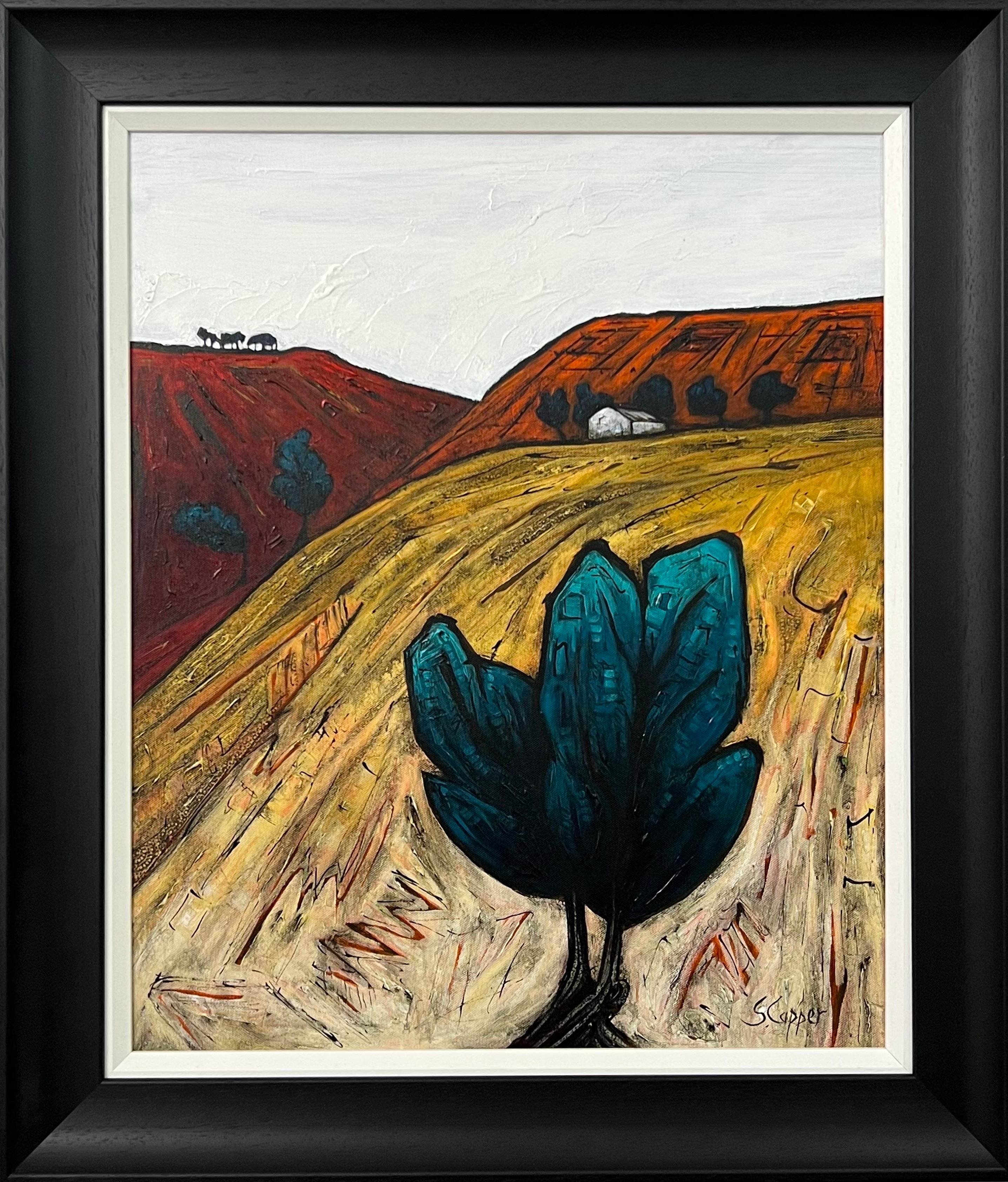Landscape Painting Steve Capper - Peinture de paysage abstrait d'un arbre solitaire sur un artiste britannique cubiste et fauviste