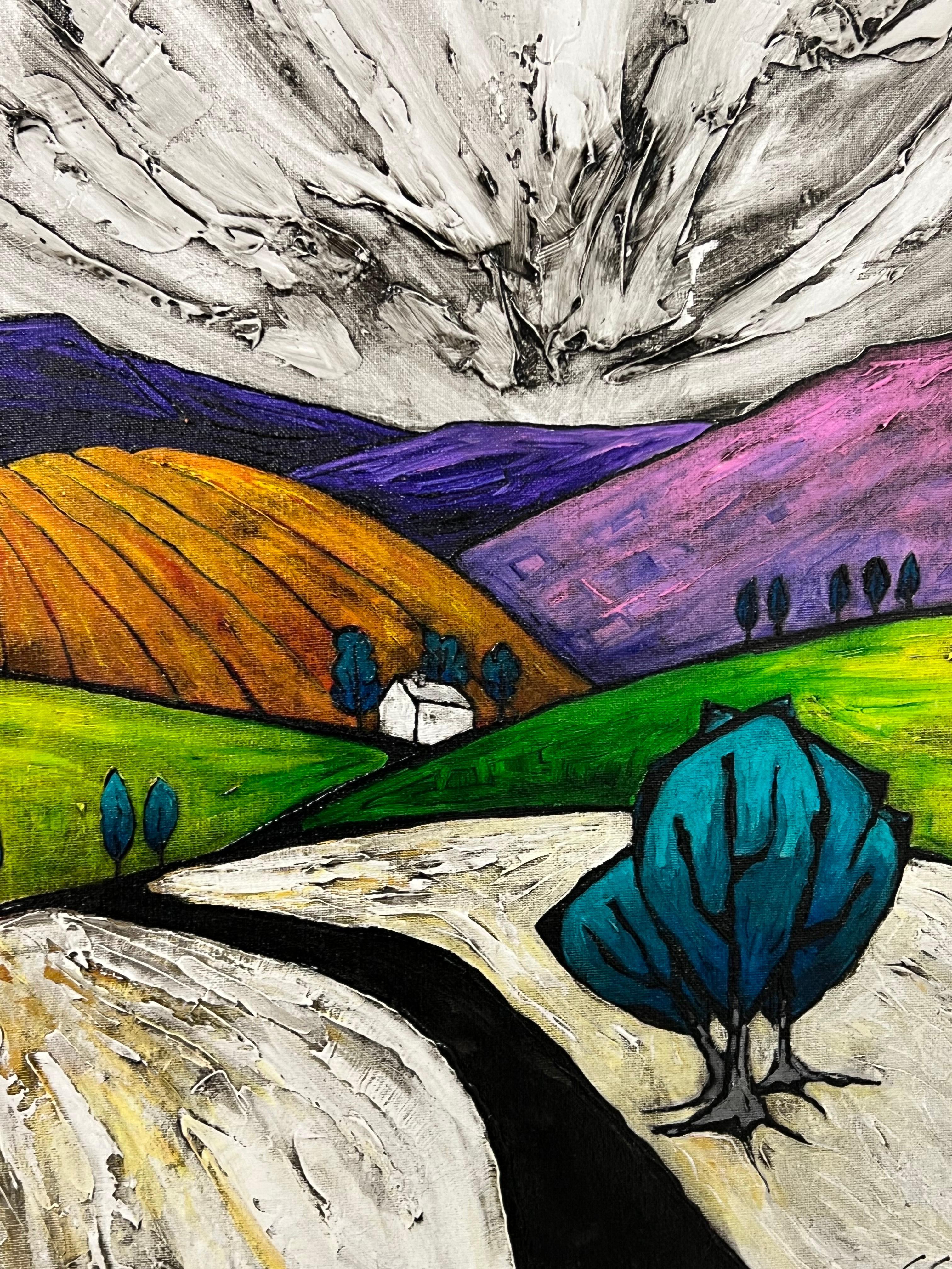 Pittura astratta di paesaggio intitolata Pink Hill dell'artista cubista fauvista britannico 2
