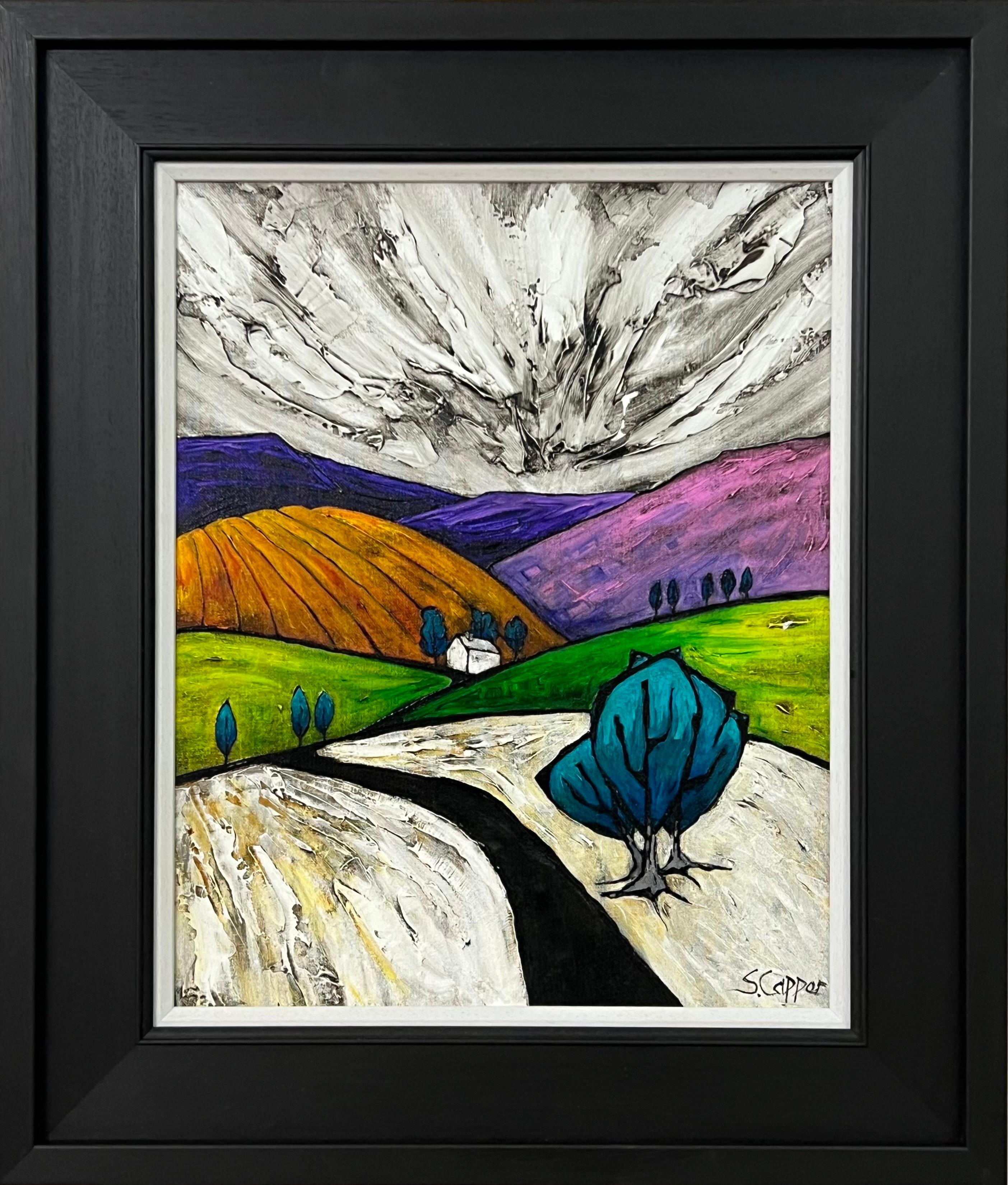 Steve Capper Abstract Painting - Abstract Landscape Painting entitled Pink Hill by Cubist Fauvist British Artist