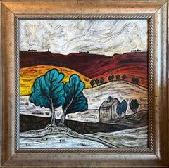 Abstraktes Landschaftsgemälde mit dem Titel Red Hills, kubistischer, fauvistisch- britischer Künstler