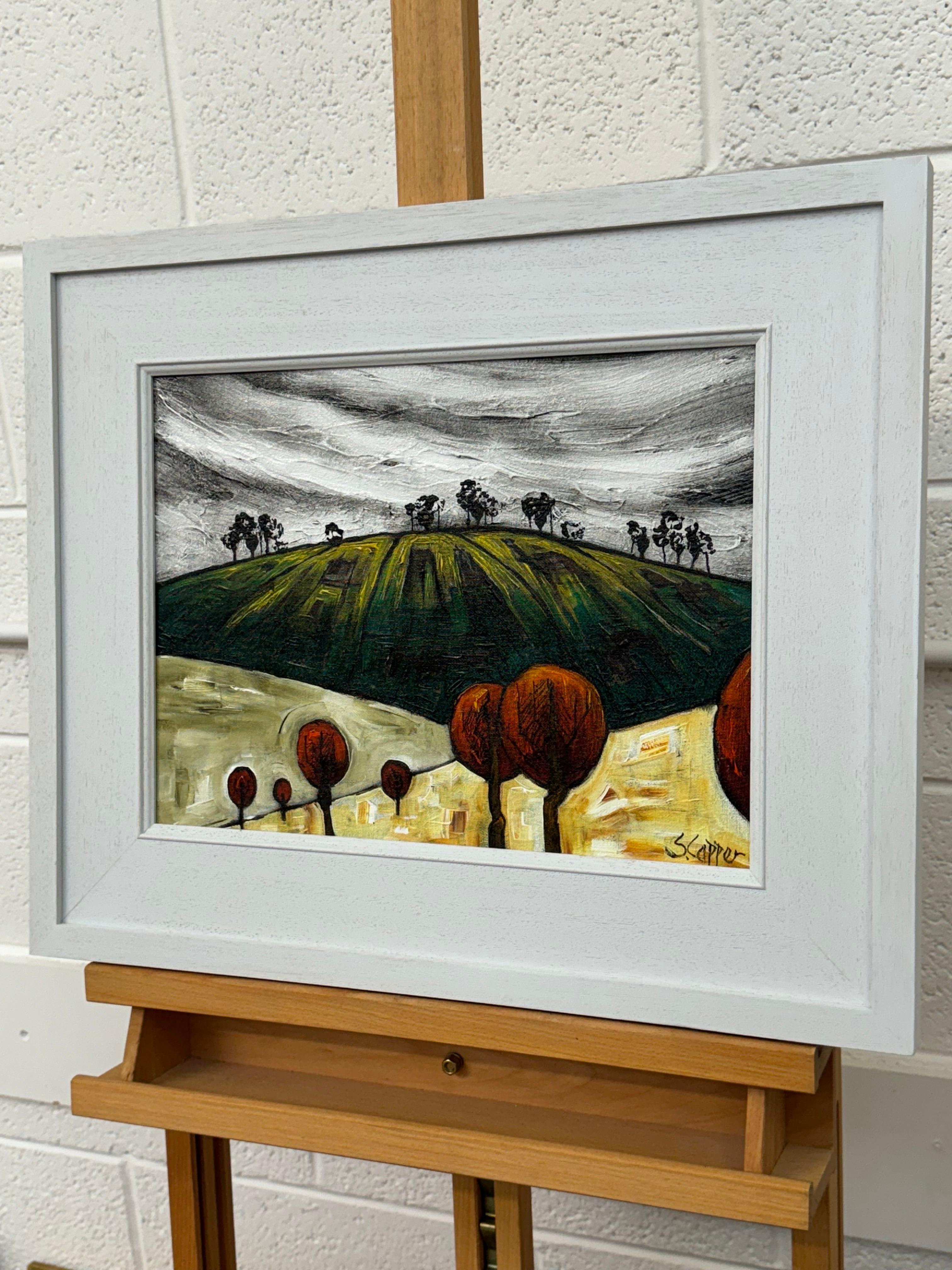 Pintura abstracta de paisaje titulada Rising Ground del artista fauvista británico - Abstract Painting Gris de Steve Capper