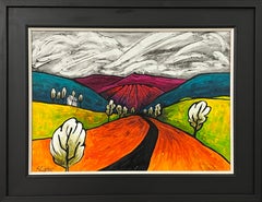 Abstract Orange Green Red & Magenta Landscape Painting of English Countryside