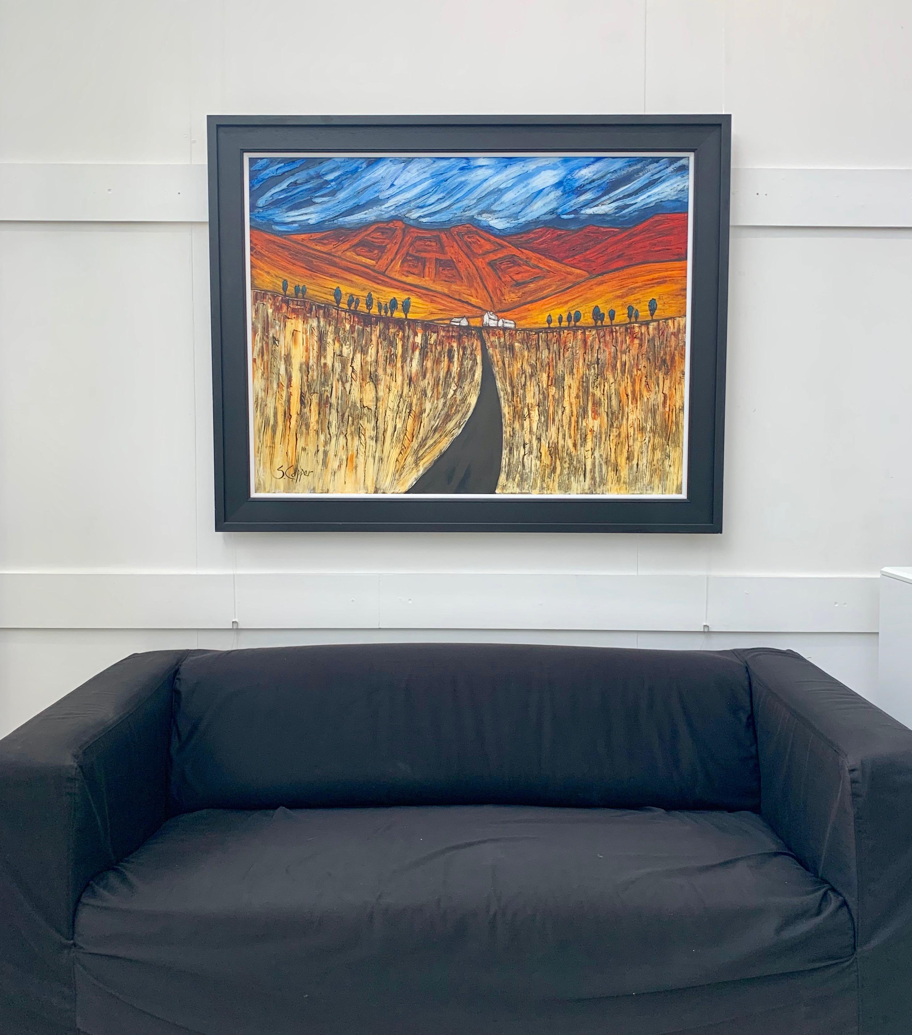 'Ploughed Fields', Blue Red Orange Landscape Painting by Cubist Fauvist British Expressionist Artist. 
Unframed canvas size is 45 x 34 inches. 
Framed dimensions are approximately 53 x 42 inches. 

Steve Capper, who trained at Manchester College of