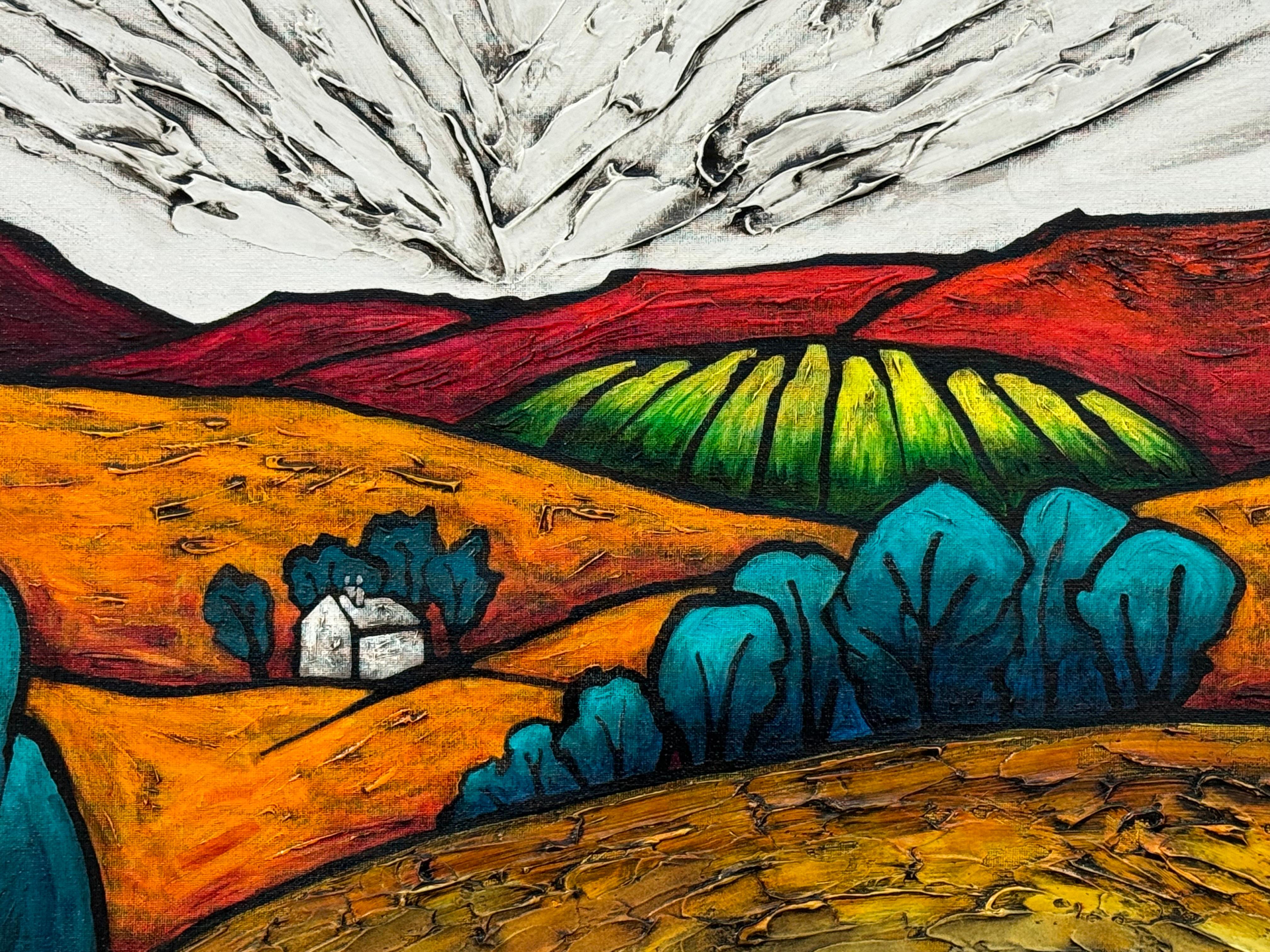 Pittura astratta colorata di paesaggio della campagna inglese, Hille del Nord in vendita 5