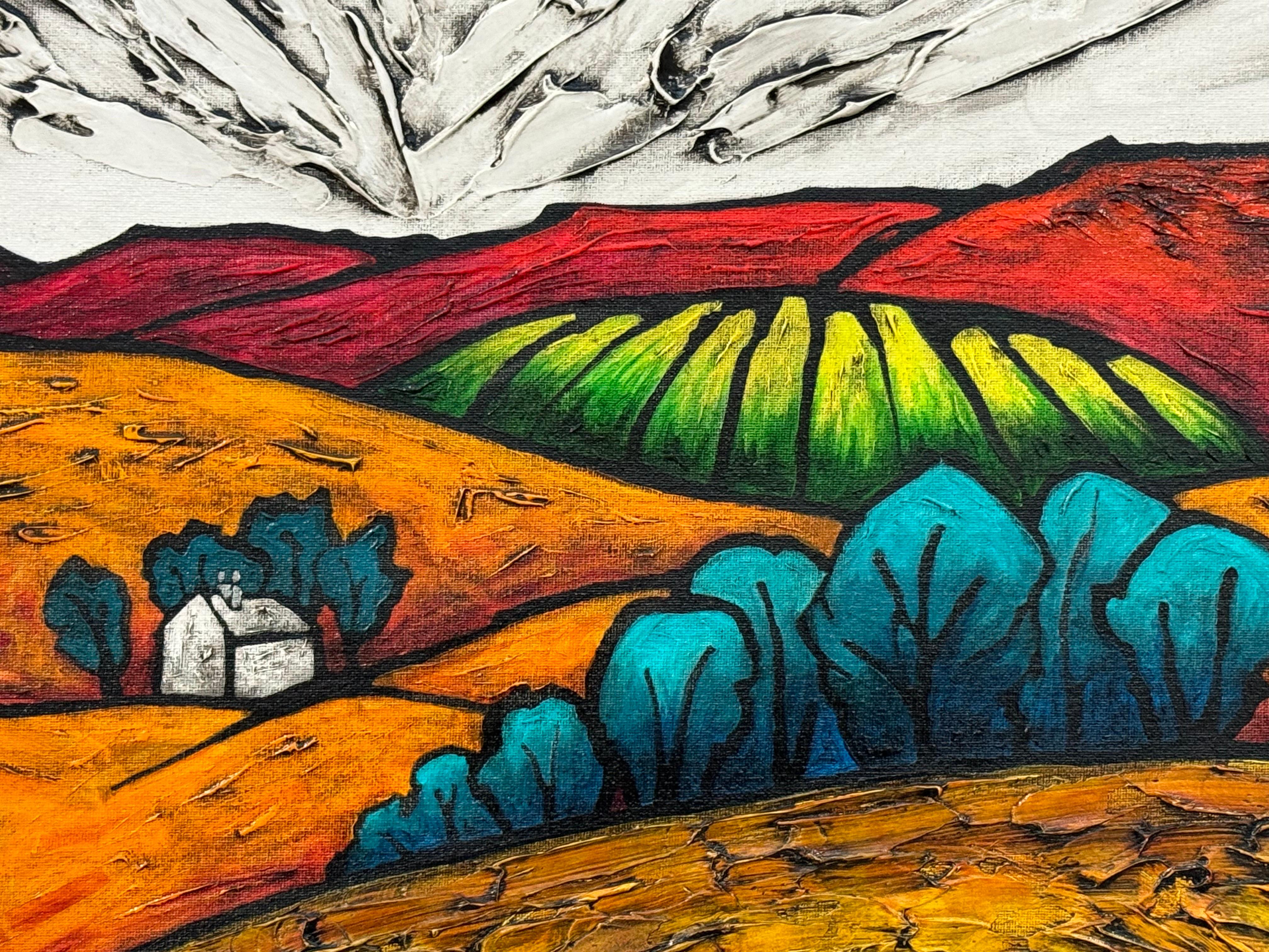 Pittura astratta colorata di paesaggio della campagna inglese, Hille del Nord in vendita 7
