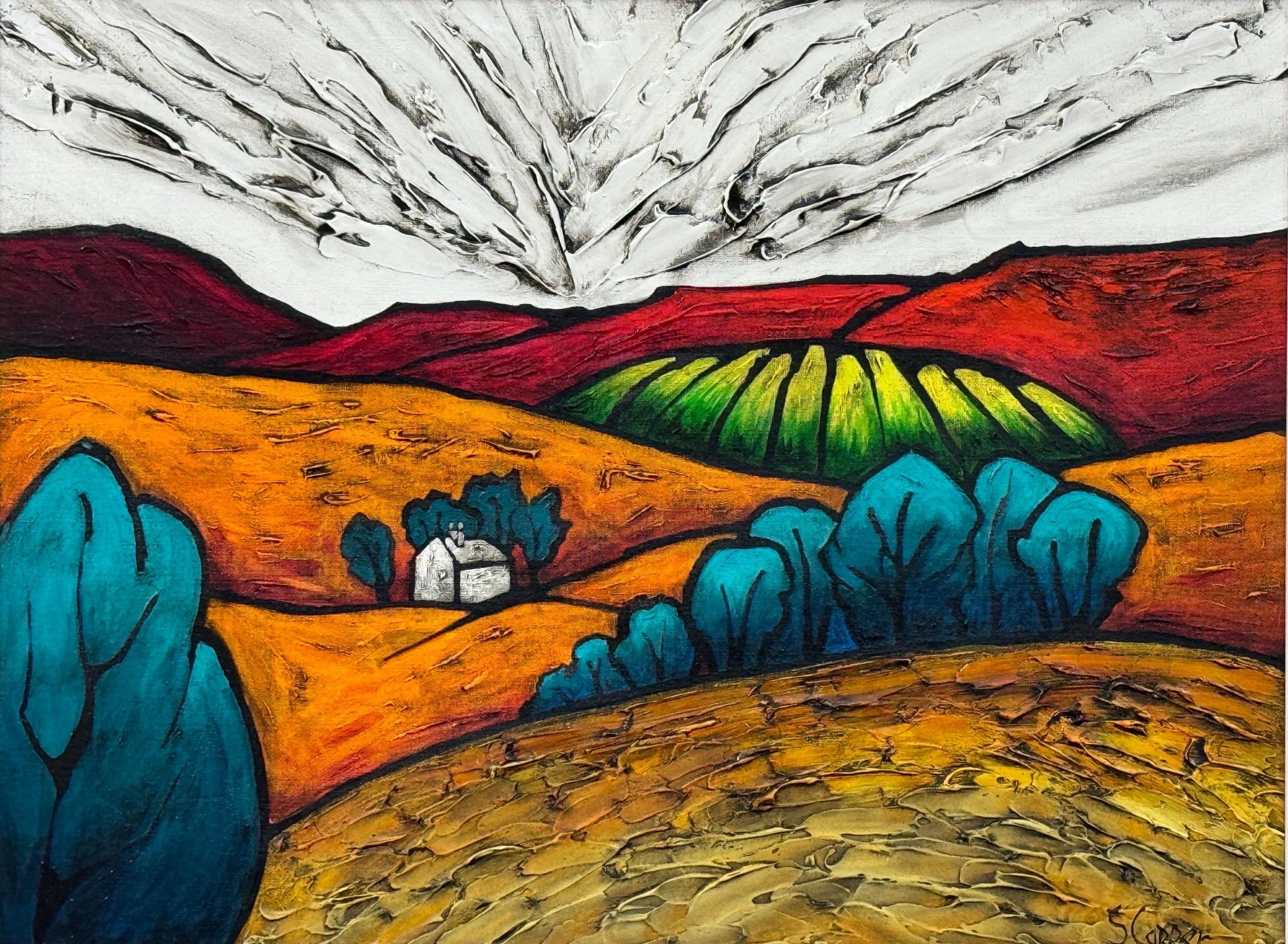 Pittura astratta colorata di paesaggio della campagna inglese, Hille del Nord in vendita 13