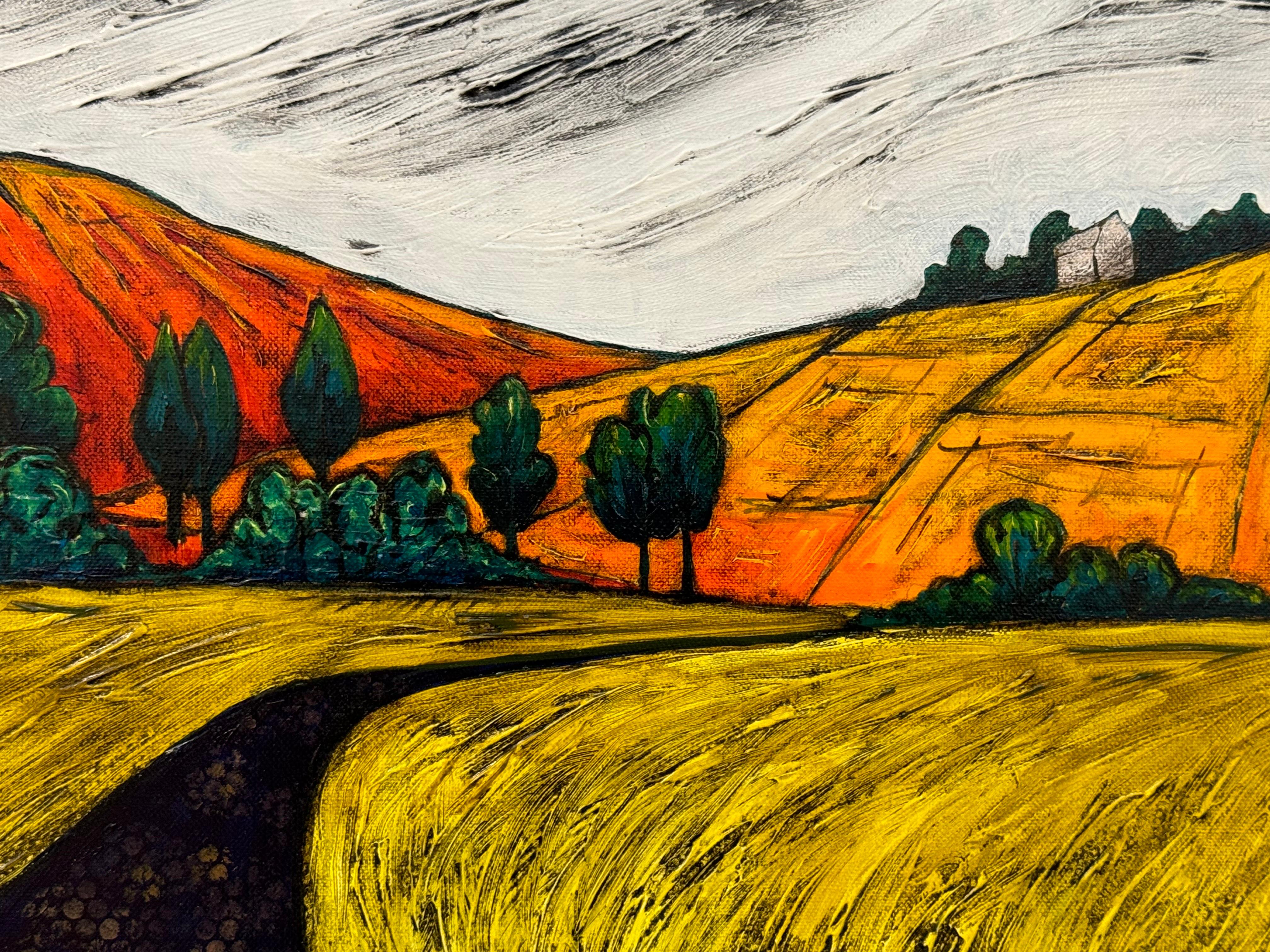 Paisaje abstracto y colorista de obras hidráulicas en la campiña inglesa - Painting de Steve Capper