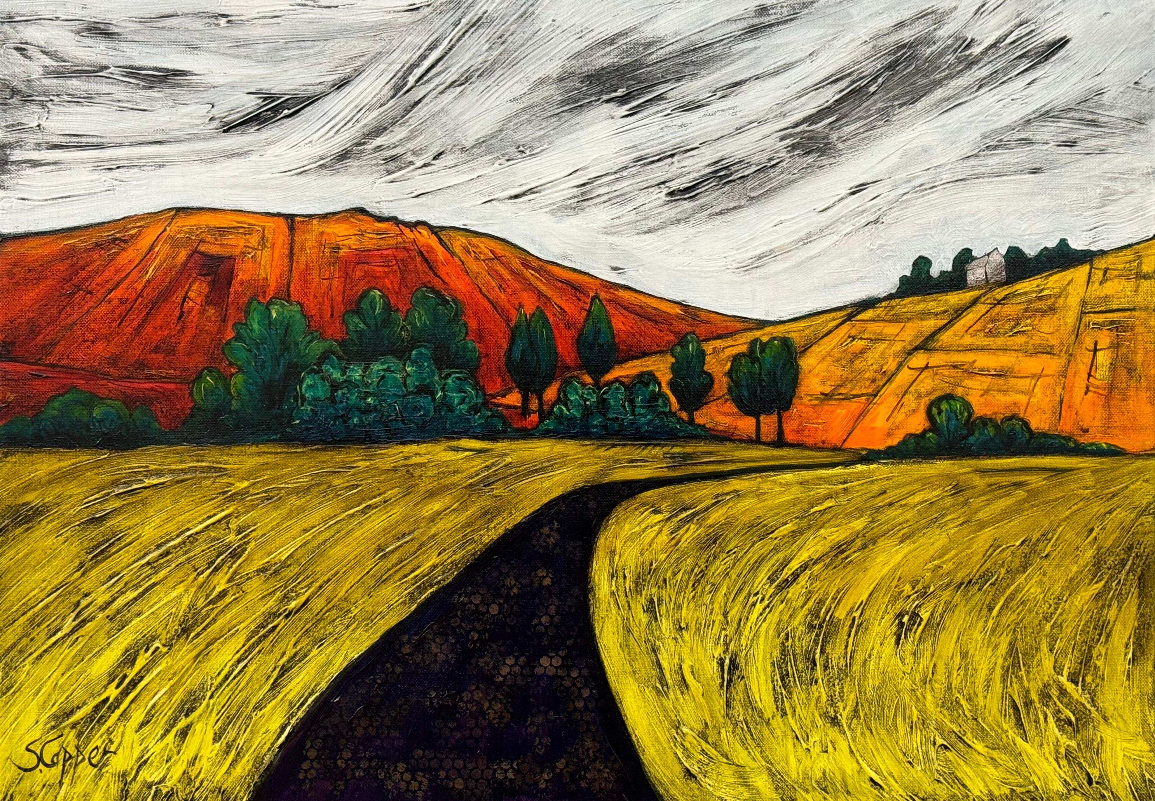 Paisaje abstracto y colorista de obras hidráulicas en la campiña inglesa - Painting Fauvista de Steve Capper