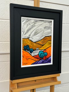 Abstraktes, farbenfrohes, leuchtend orange-gelbes und gelbes Landschaftsgemälde des britischen Künstlers