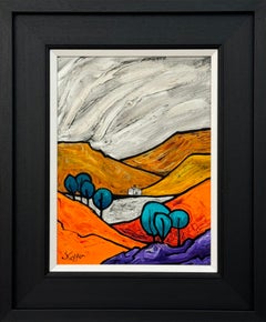 Colourful Bright Orange & Yellow Abstract Landscape Painting by British Artist