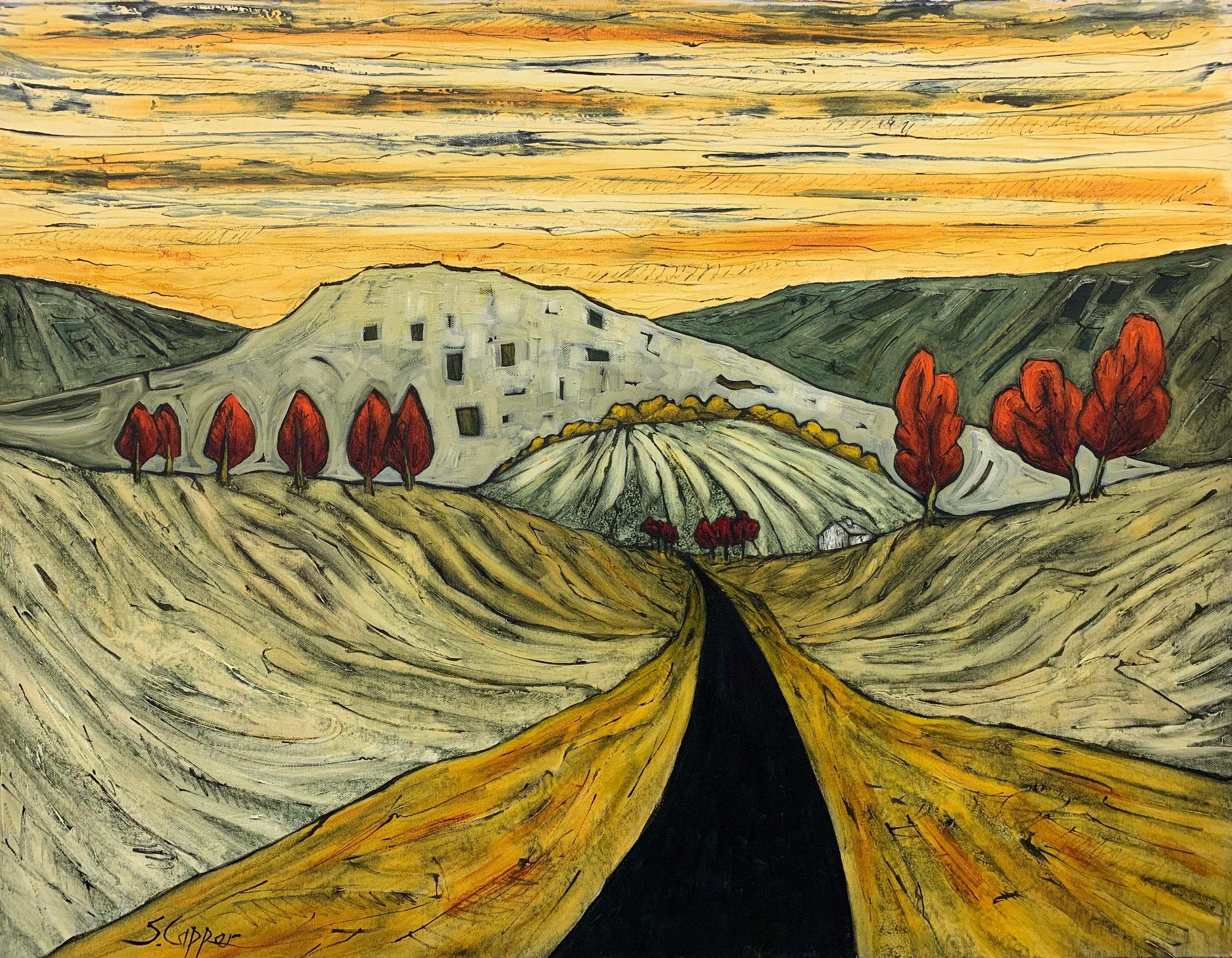 Steve Capper Abstract Painting – Road in the Pennines Saddleworth Abstraktes Landschaftsgemälde des britischen Künstlers
