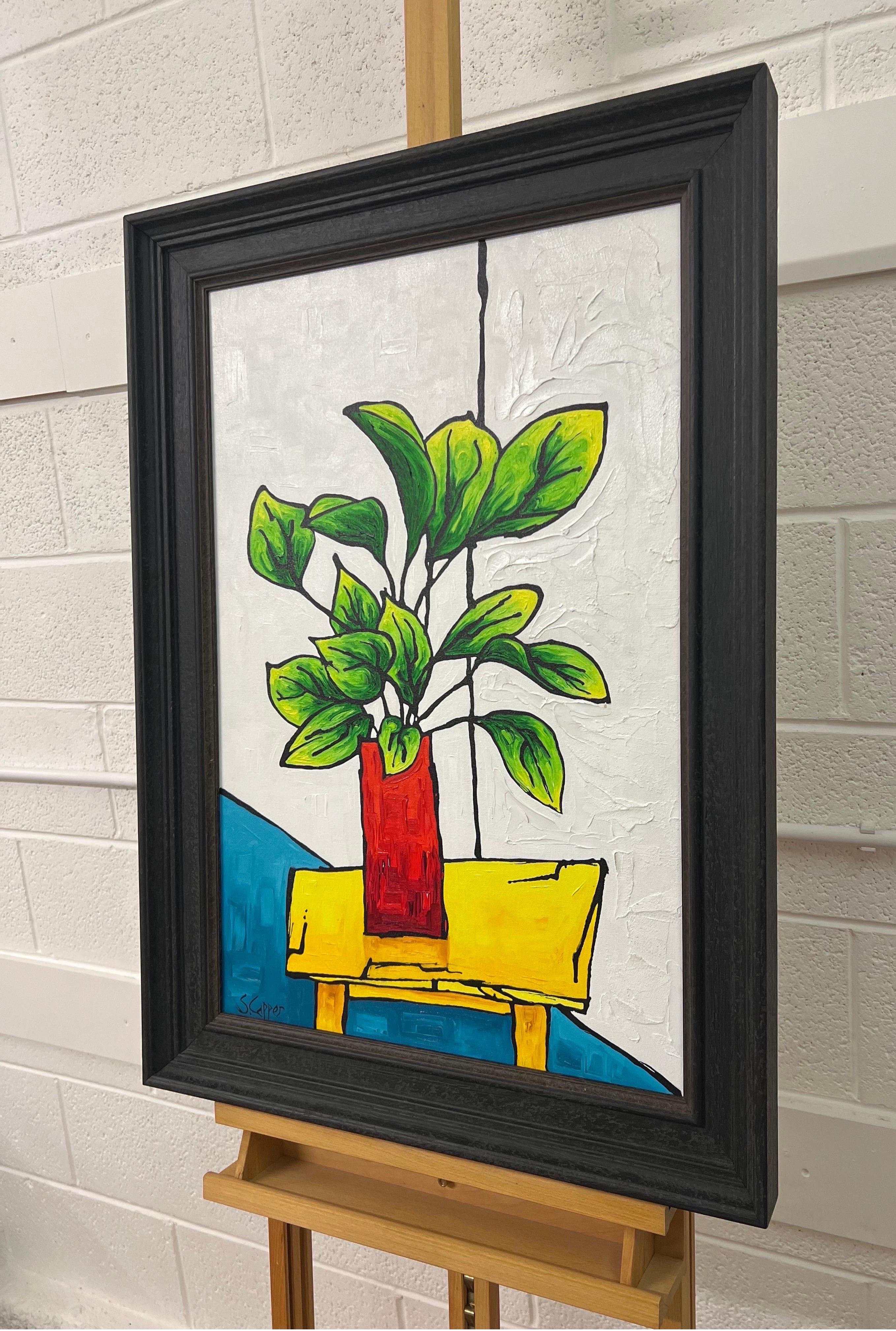 Natura morta con pianta verde dell'artista cubista fauvista britannico - Still-Life Painting Nero di Steve Capper