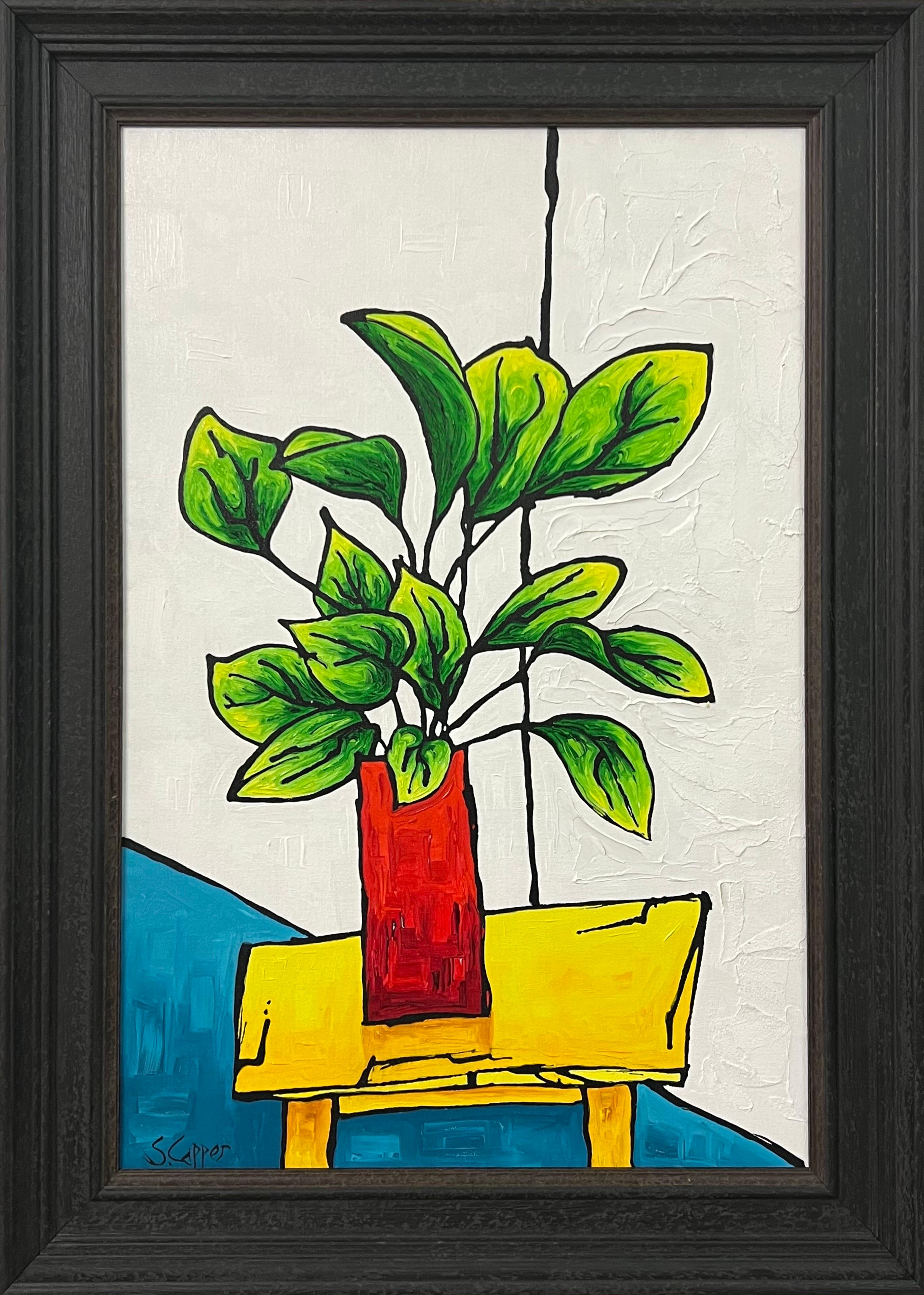 Still-Life Painting di Steve Capper - Natura morta con pianta verde dell'artista cubista fauvista britannico
