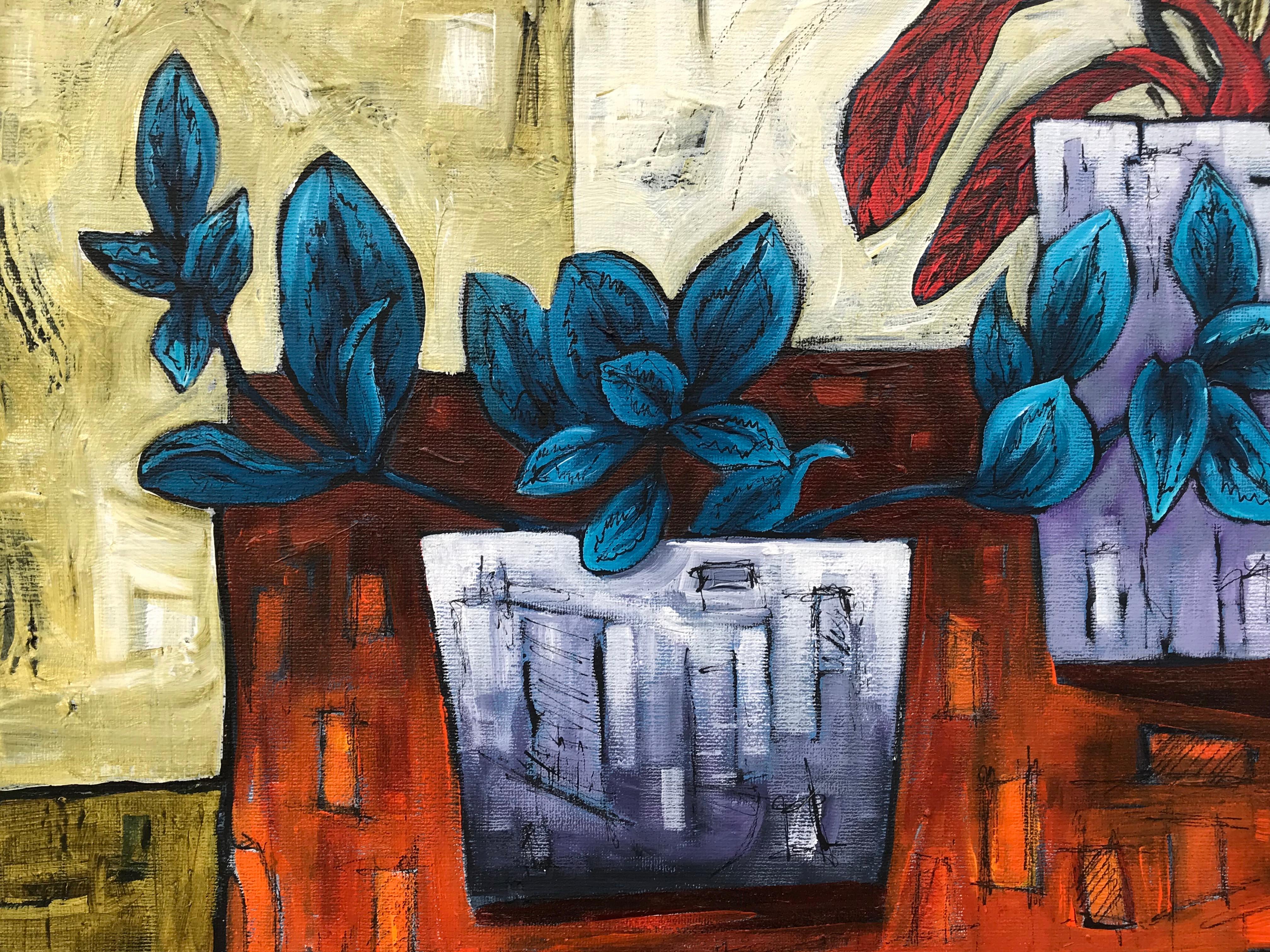Still Life Painting of Orchids with Violet Pots by Cubist Fauvist British Artist 1