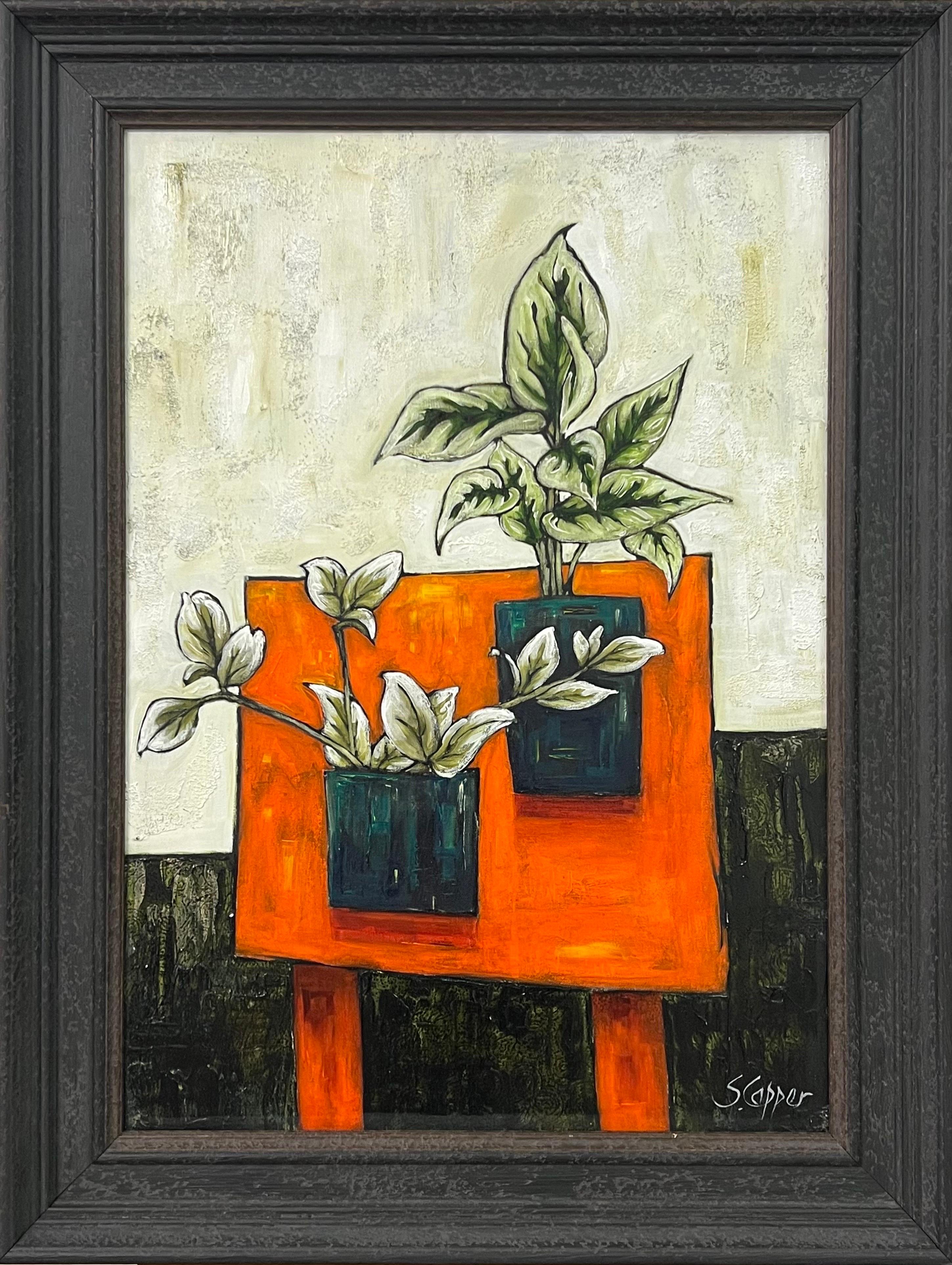 Still Life Painting of Two Plants on an Orange Table by Fauvist British Artist