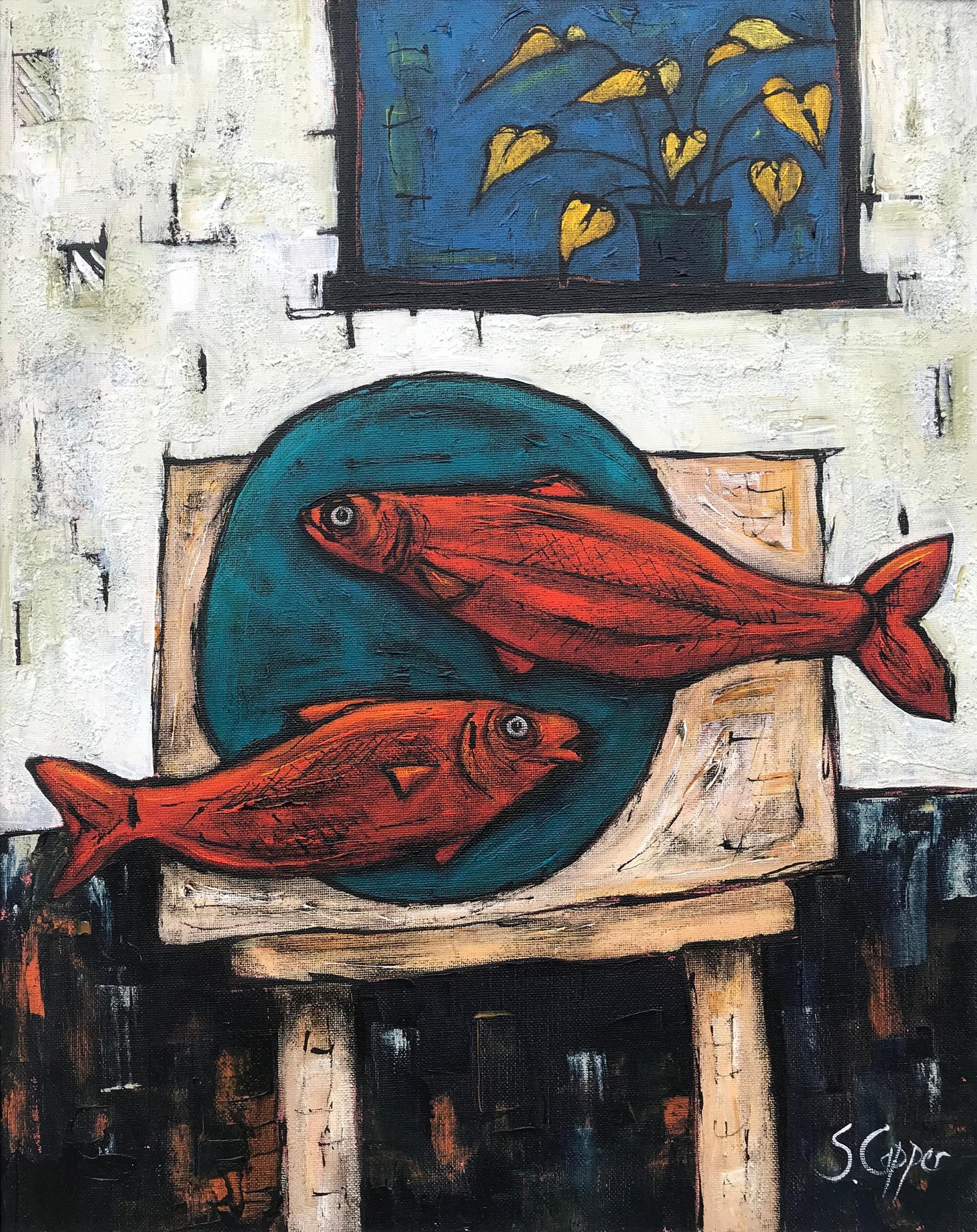 Steve Capper Still Life Painting With Fish And Plant By Cubist