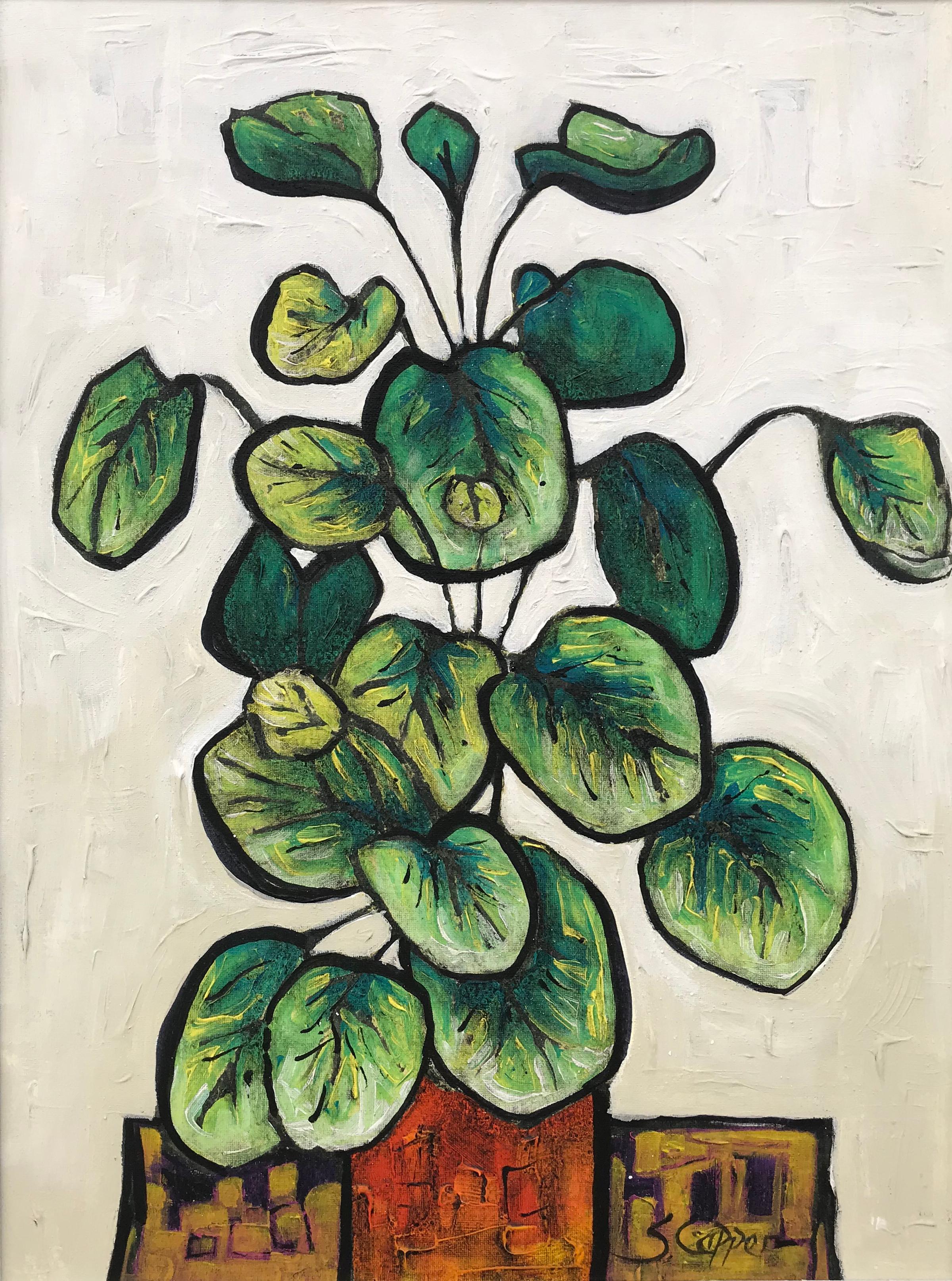 Steve Capper Still-Life Painting - Still Life Painting of Green Plant by Cubist Fauvist Modern 20thC British Artist