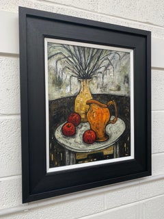 Pittura di natura morta con brocca arancione e mele di un artista britannico