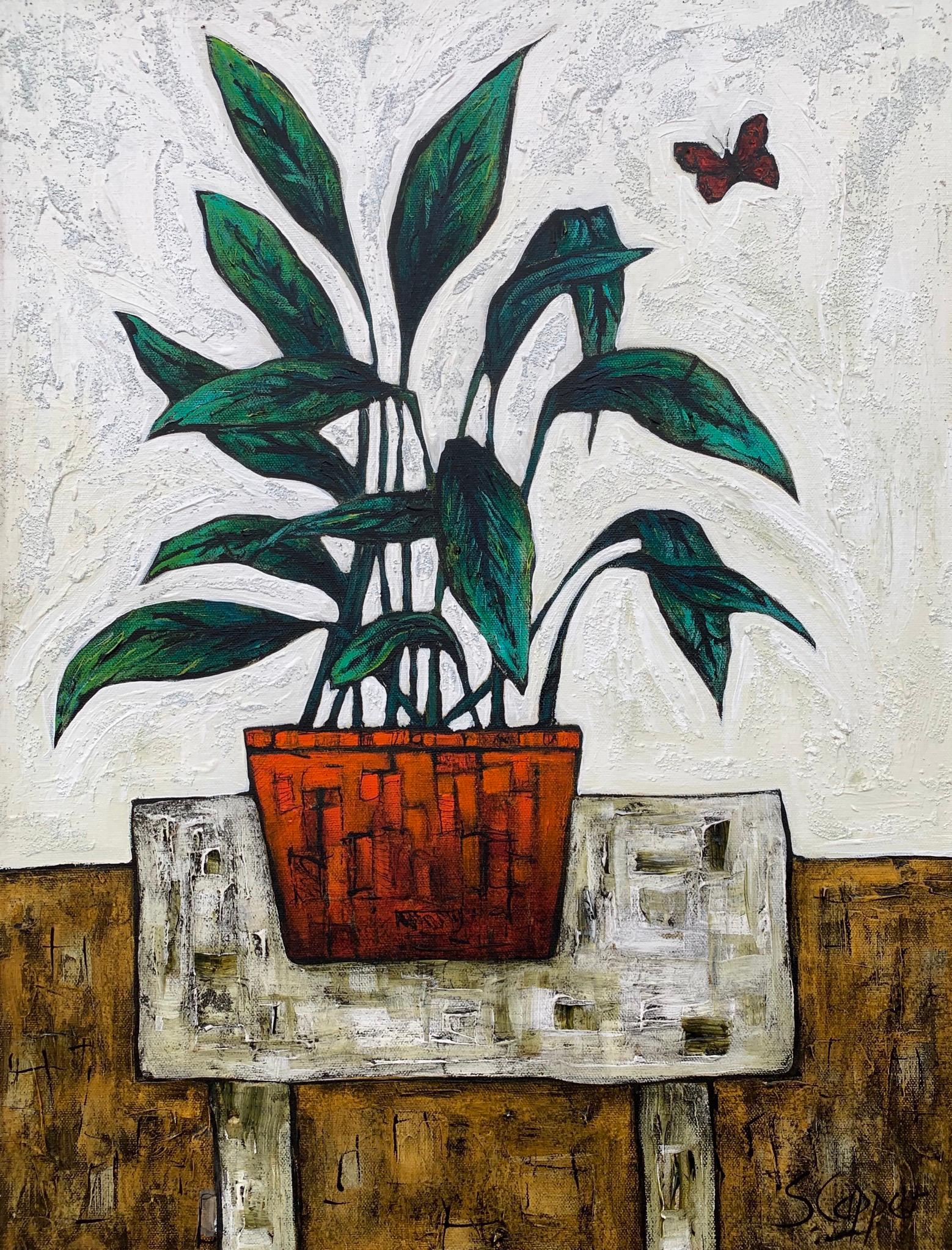 Still Life Painting with Plant in Orange Pot by Cubist Fauvist British Artist