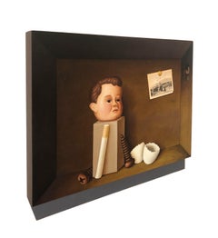 Brown realist painting, "The Kindness of Strangers", Inspired by Joseph Cornell