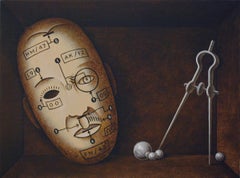 Brown realist painting, "Uneasy Rests the Head", Inspired by Joseph Cornell