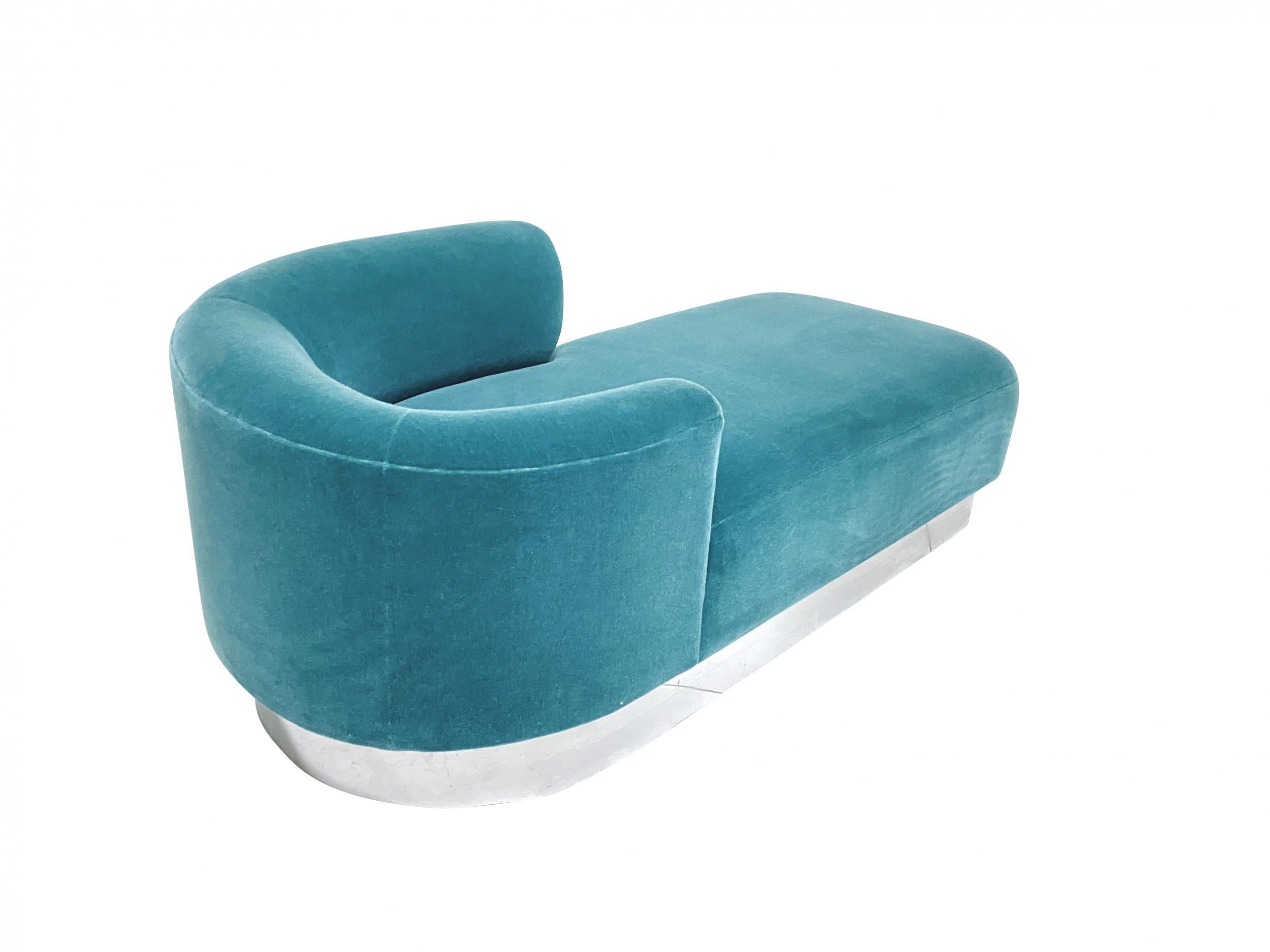Steve Chase chaise lounge sofa on chrome base. Fully restored and reupholstered in blue mohair.