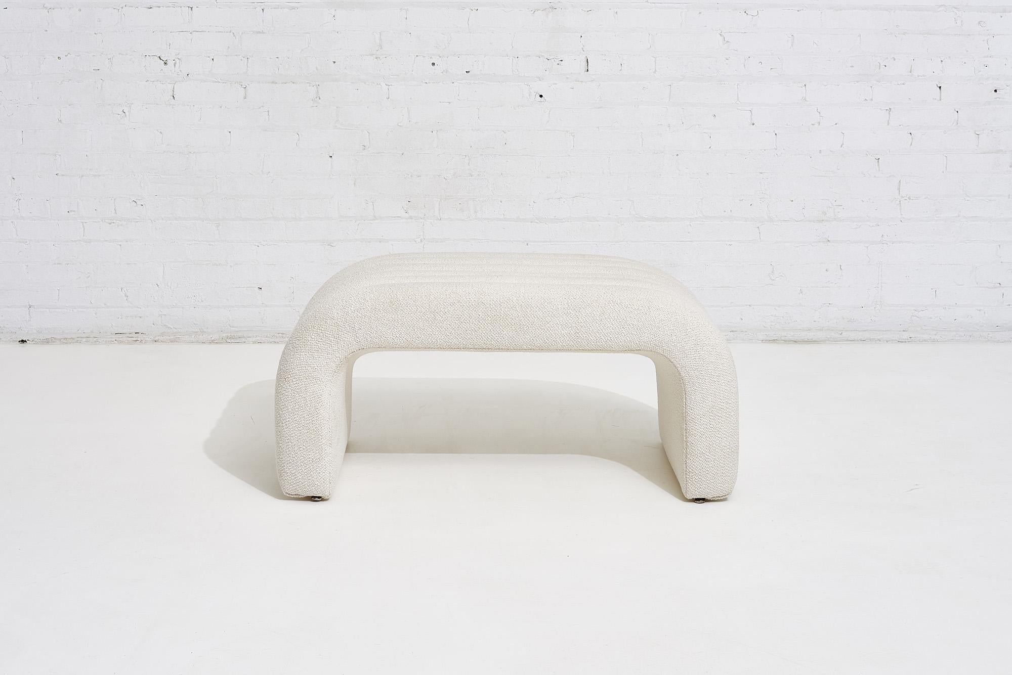 Steve Chase channeled waterfall bench in white boucle. Fully restored and upholstered.