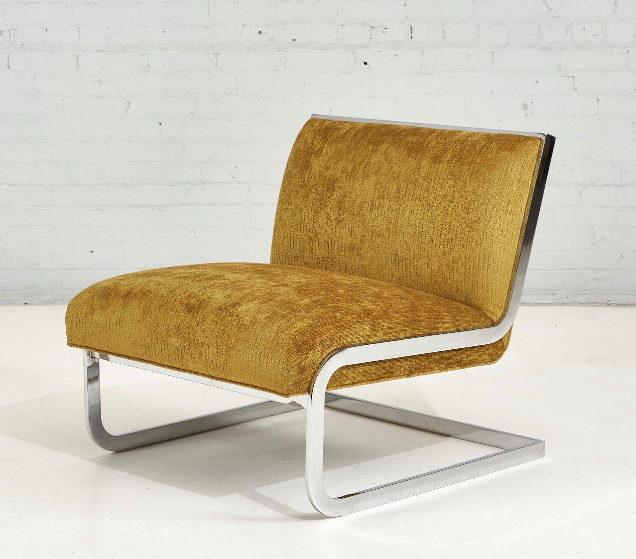 Steve Chase chrome and velvet lounge chair, 1970. Fully restored and reupholstered.