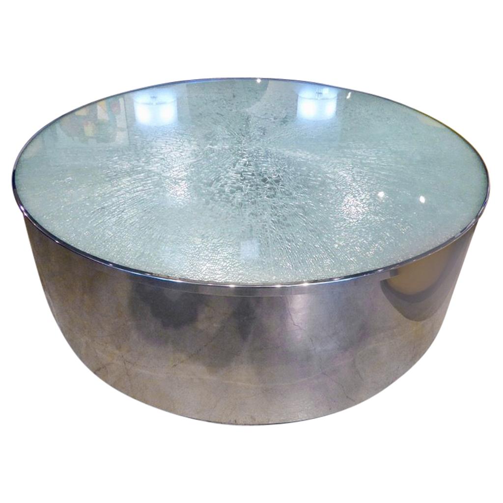 Steve Chase Circular Steel and Crackled Glass Coffee Table, circa 1970s For Sale