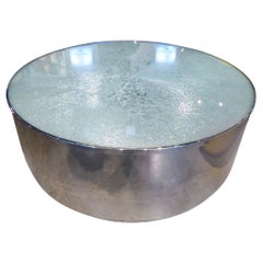 Steve Chase Circular Steel and Crackled Glass Coffee Table, circa 1970s