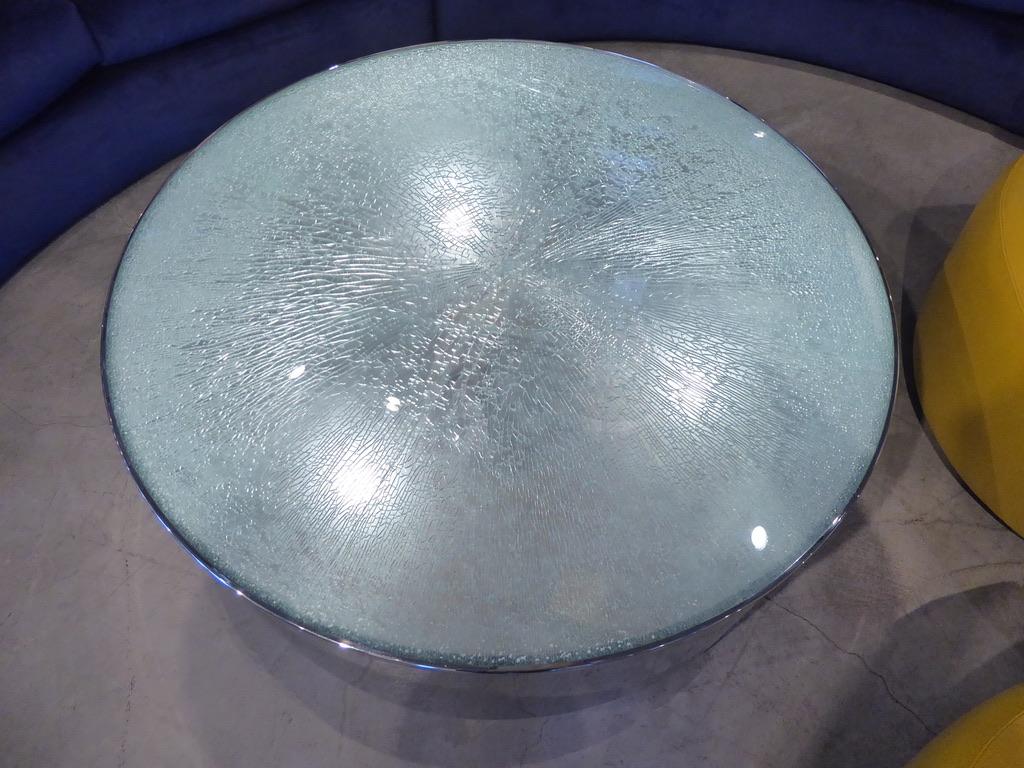 Mid-Century Modern Steve Chase Circular Steel and Crackled Glass Coffee Table, circa 1970s For Sale