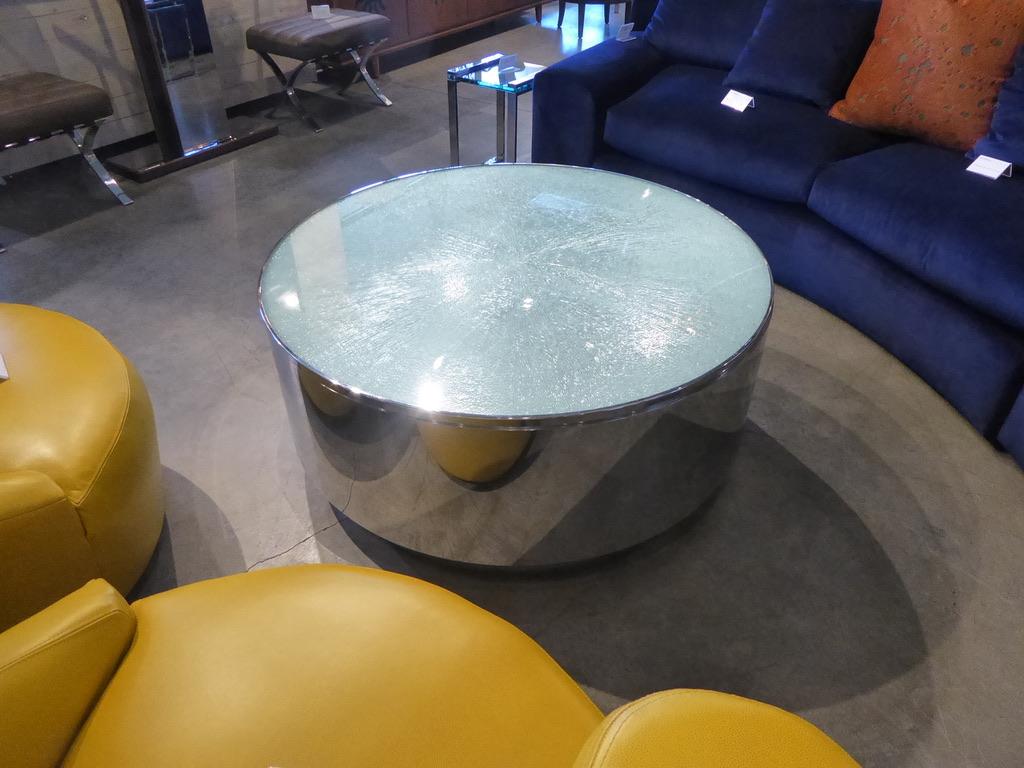 Polished Steve Chase Circular Steel and Crackled Glass Coffee Table, circa 1970s For Sale