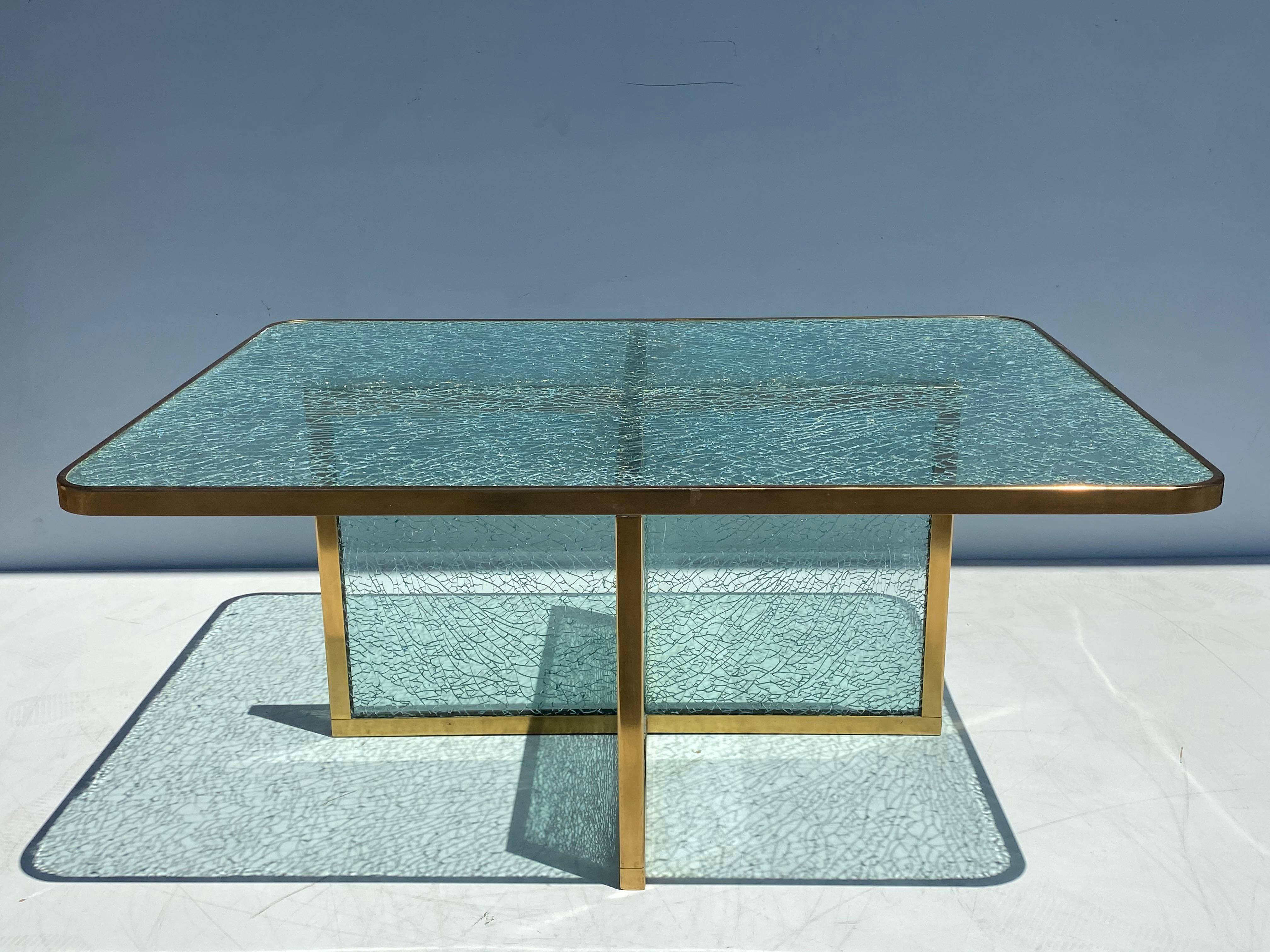 Steve Chase designed crackled glass and brass coffee table.