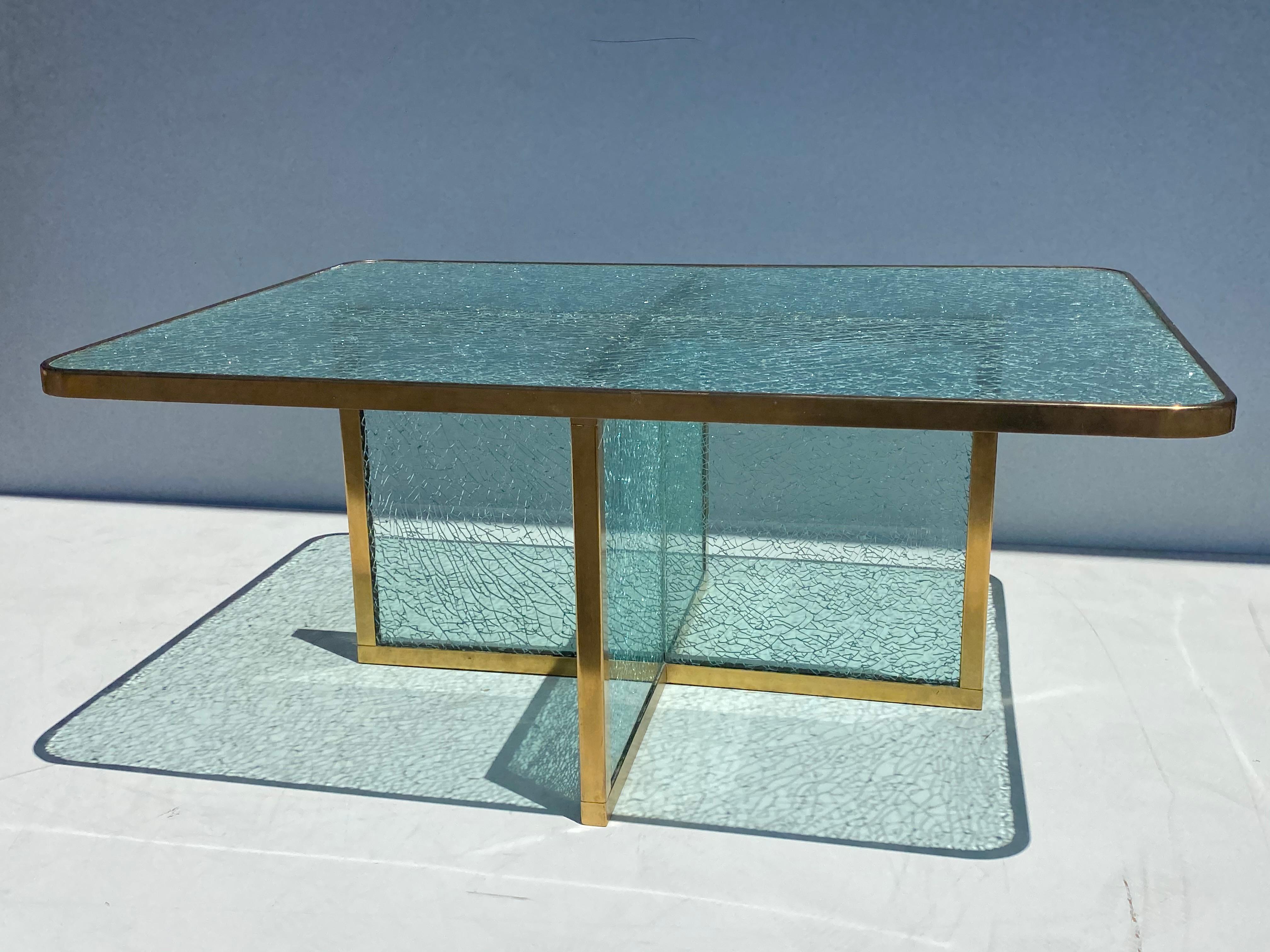 American Steve Chase Crackled Glass and Brass Coffee Table