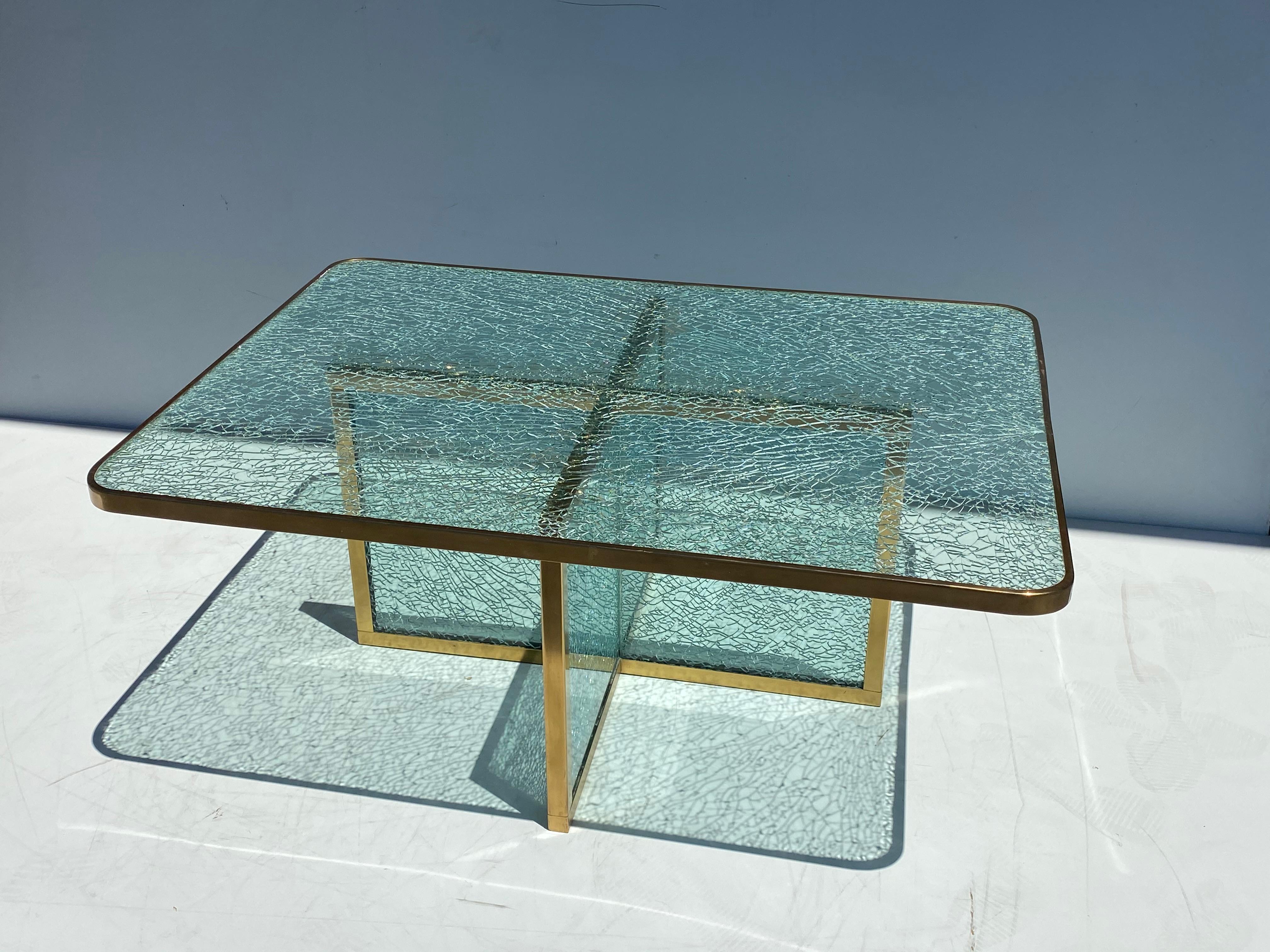 Polished Steve Chase Crackled Glass and Brass Coffee Table