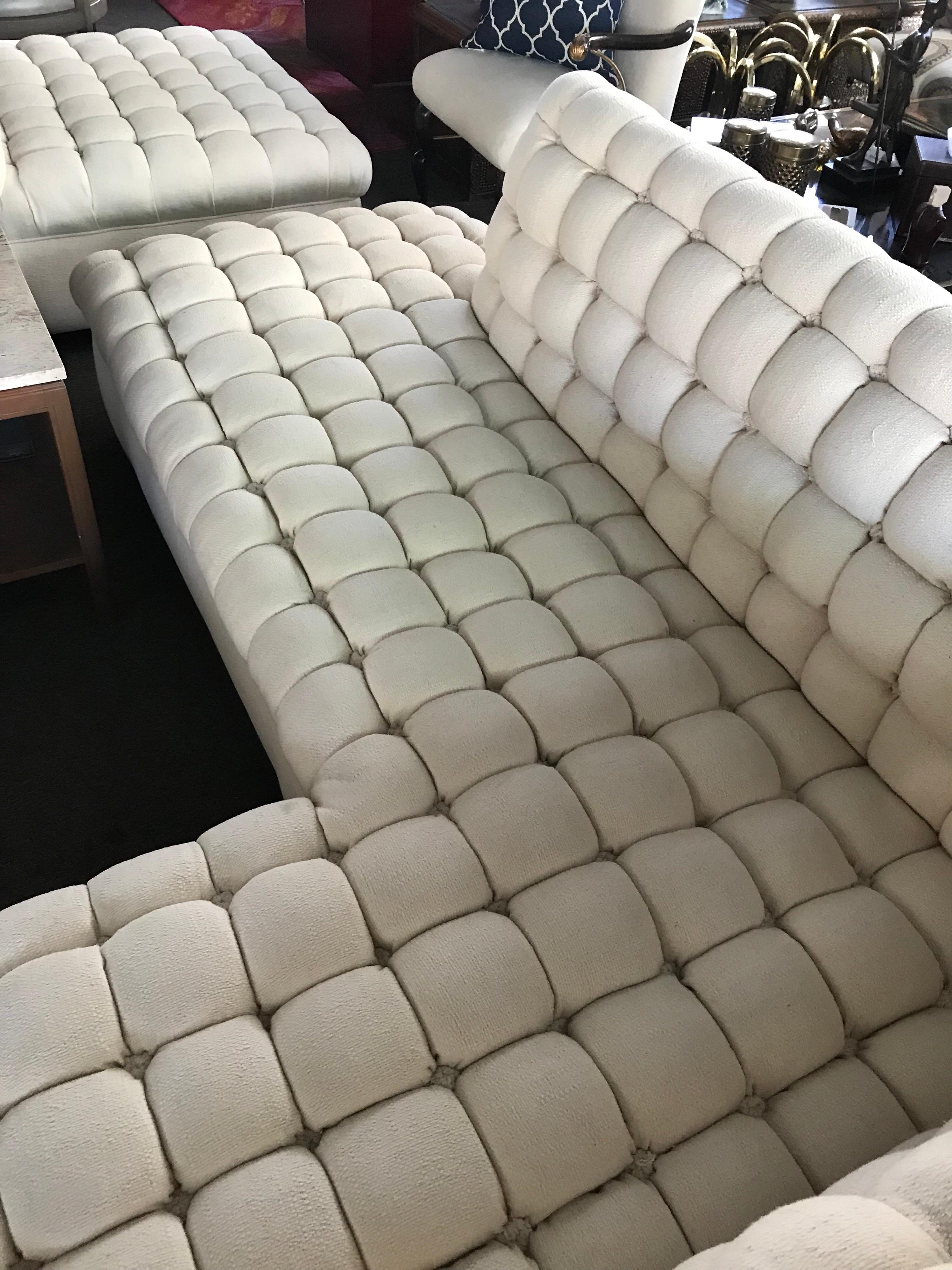 Steve Chase is one of the most influential designers of all time. He among other things, was known for his iconic upholstered pieces including sofas, beds and chairs. On the top of the list, are the tufted pieces such as this one. This spectacular L