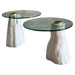 Steve Chase Cypress Wood Glass/Brass Side/End Tables, 1980