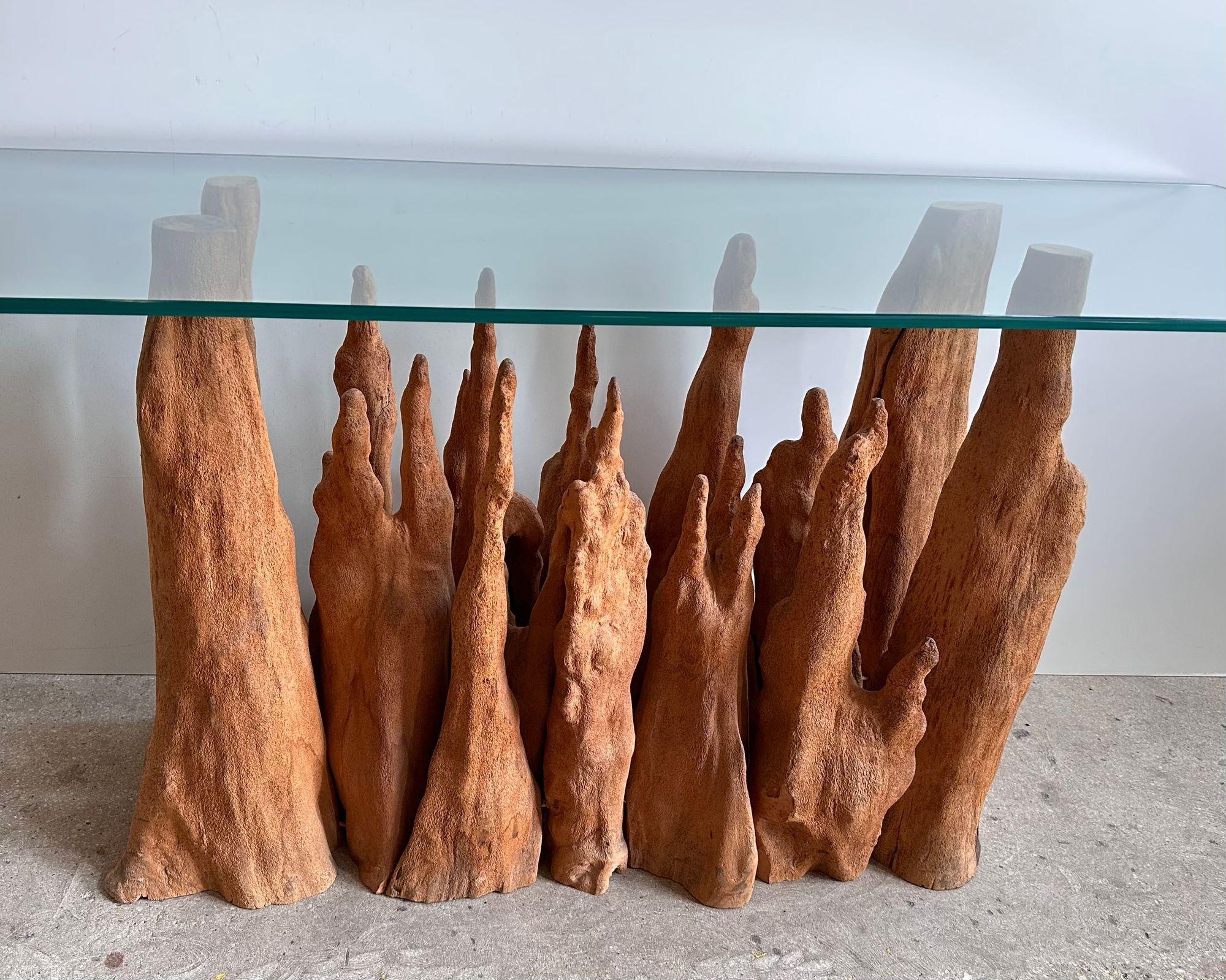 Steve Chase Cypress Wood/Glass Console Table, 1970s.
Measures Glass 59” long 21” deep, 26” tall, cypress wood 37” long.