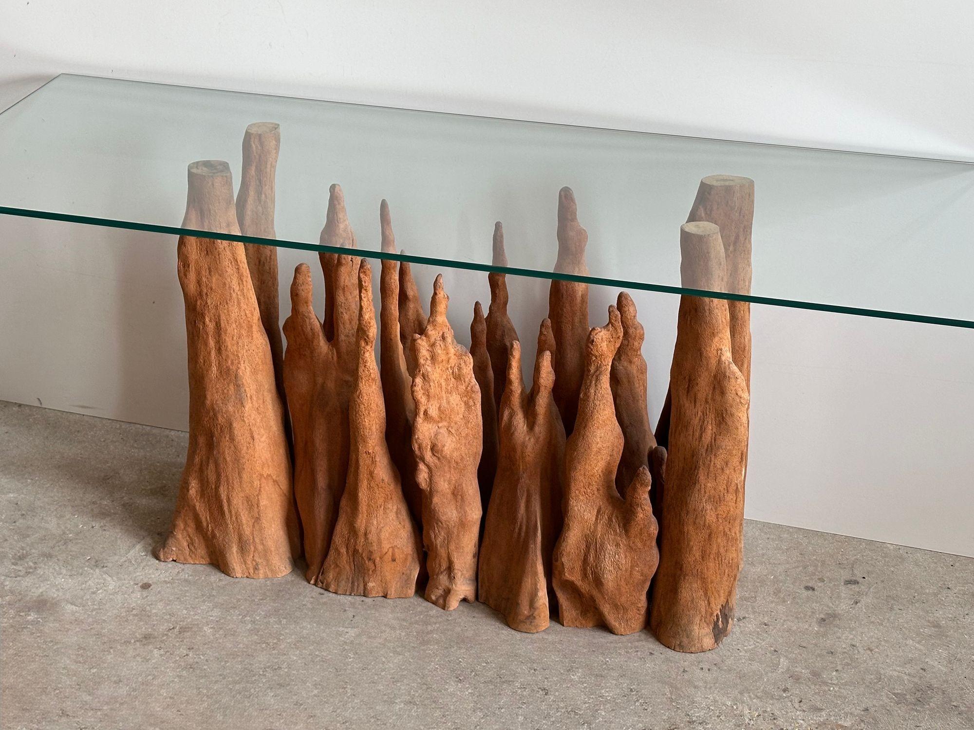 Mid-Century Modern Steve Chase Cypress Wood/Glass Console Table, 1970 For Sale