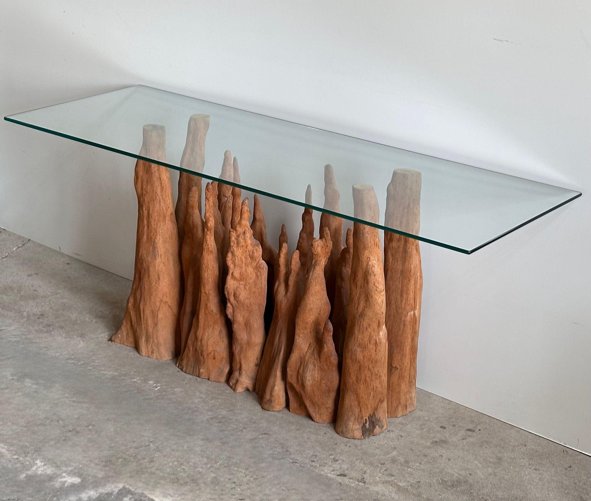 American Steve Chase Cypress Wood/Glass Console Table, 1970 For Sale