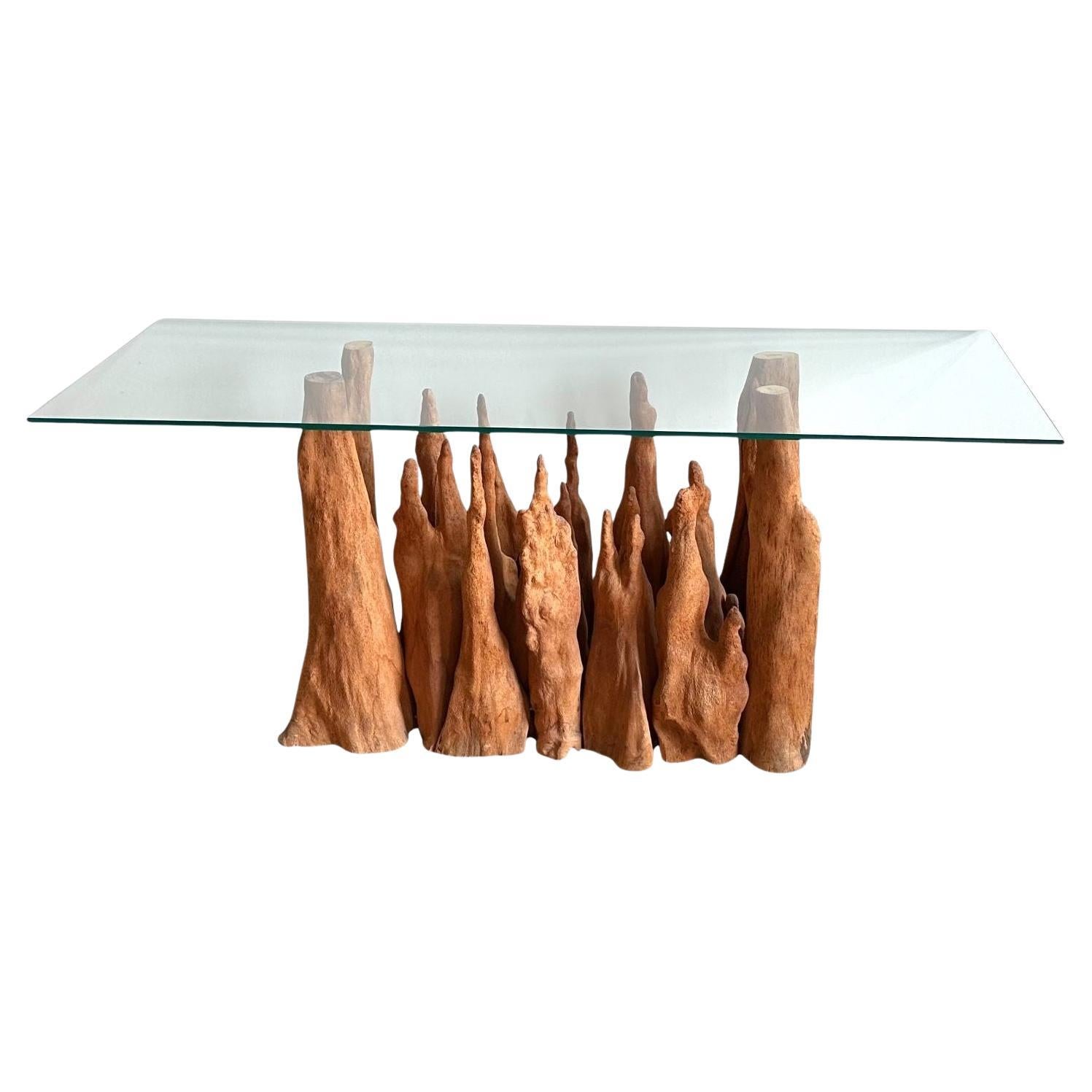 Steve Chase Cypress Wood/Glass Console Table, 1970 For Sale